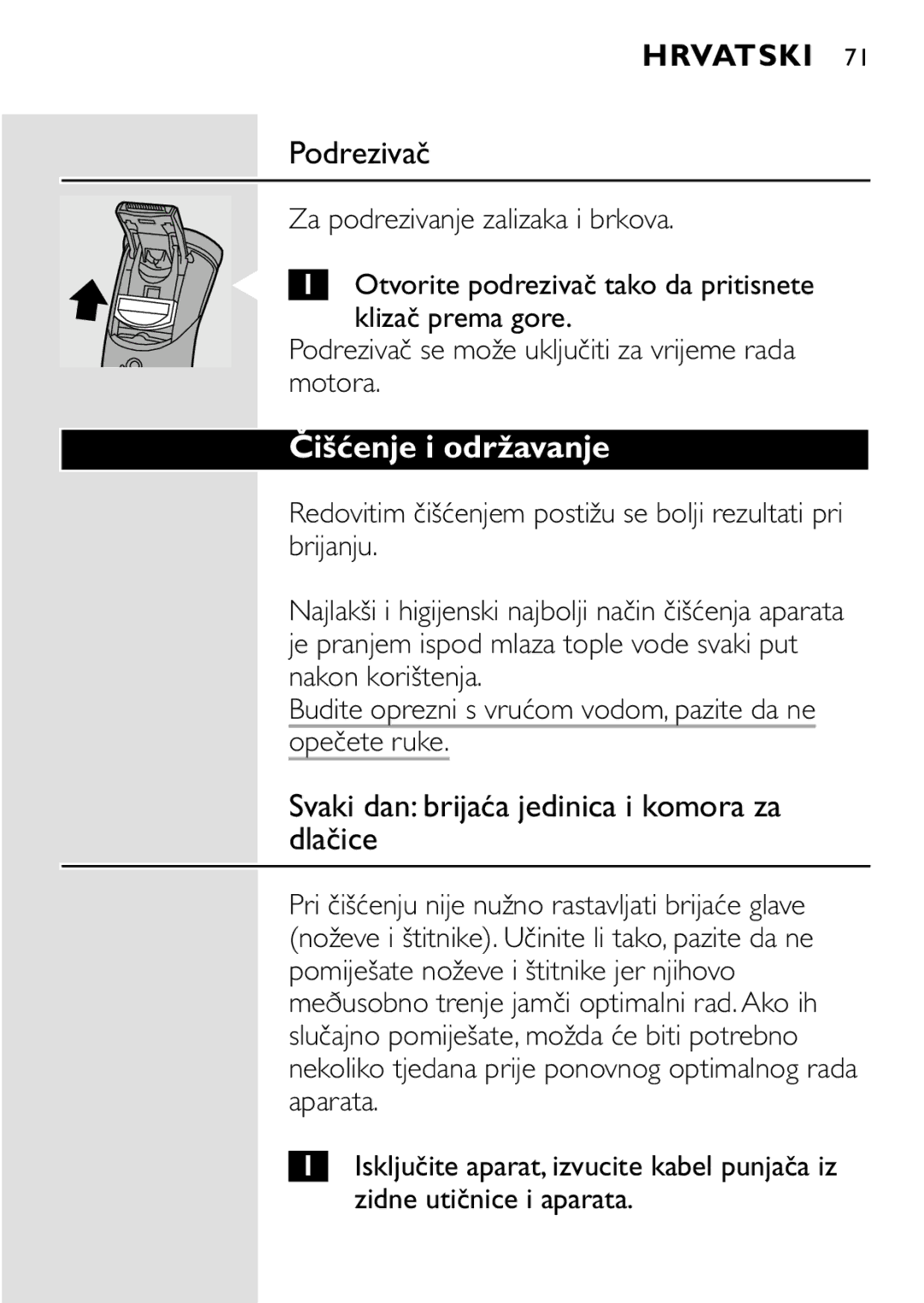 HQ 8445 manual Podrezivač, Čišćenje i održavanje, Svaki dan brijaća jedinica i komora za dlačice 