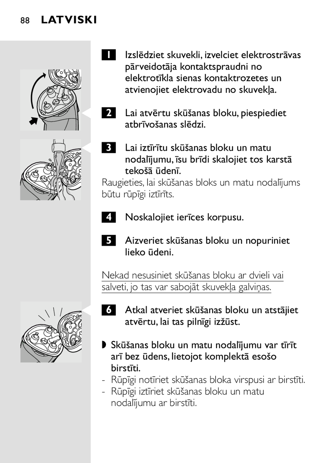 HQ 8445 manual Pārveidotāja kontaktspraudni no, Elektrotīkla sienas kontaktrozetes un, Atvienojiet elektrovadu no skuvekļa 