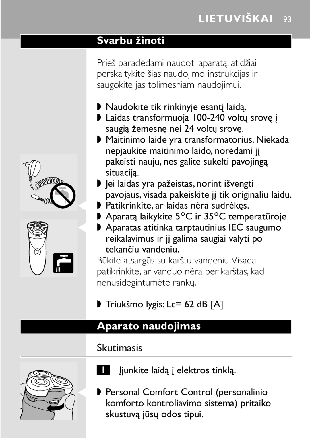 HQ 8445 manual Svarbu žinoti, Aparato naudojimas, Skutimasis 