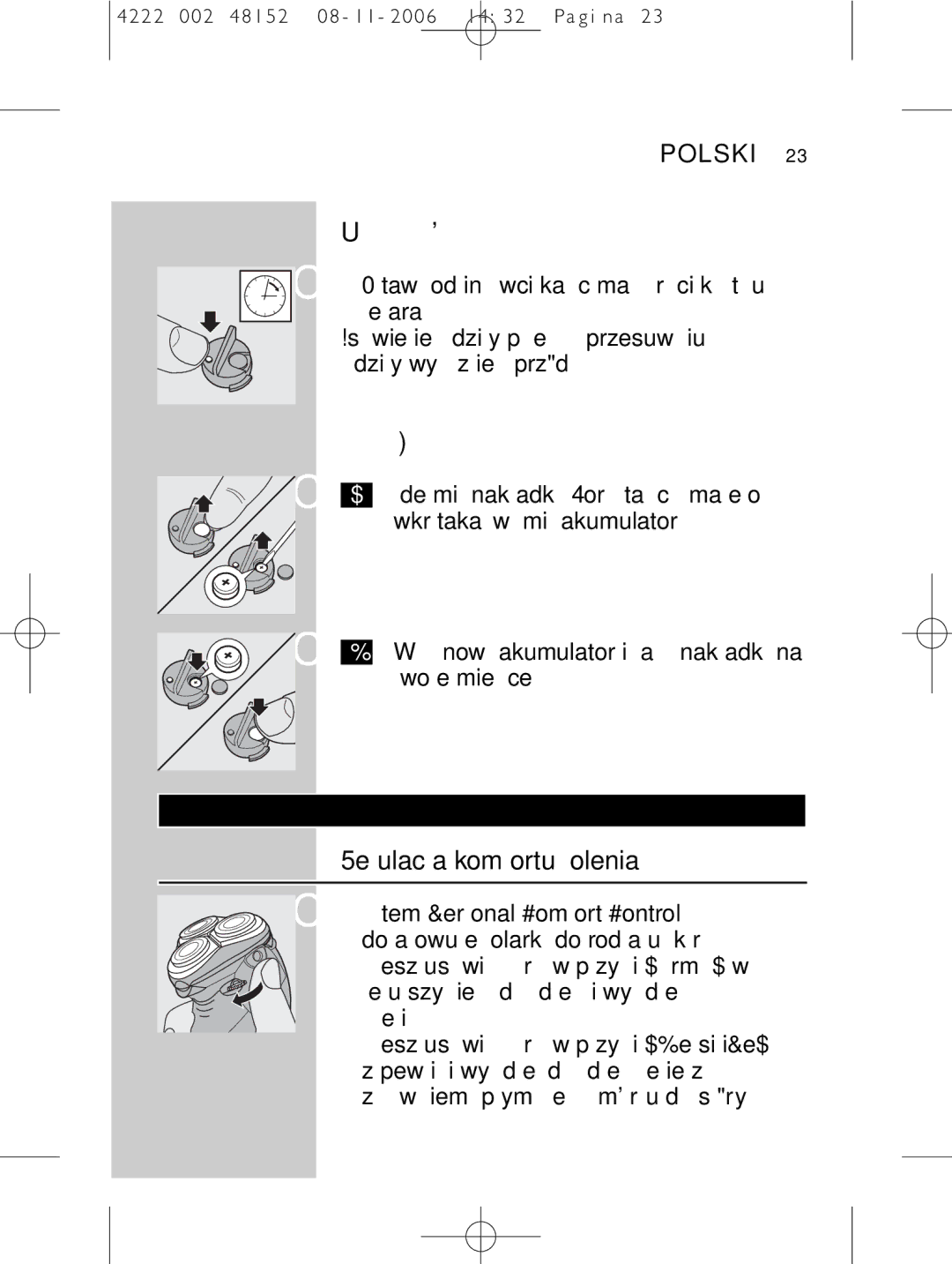 HQ 9160 manual Ustawianie godziny, Wymiana baterii, Golenie, Regulacja komfortu golenia 