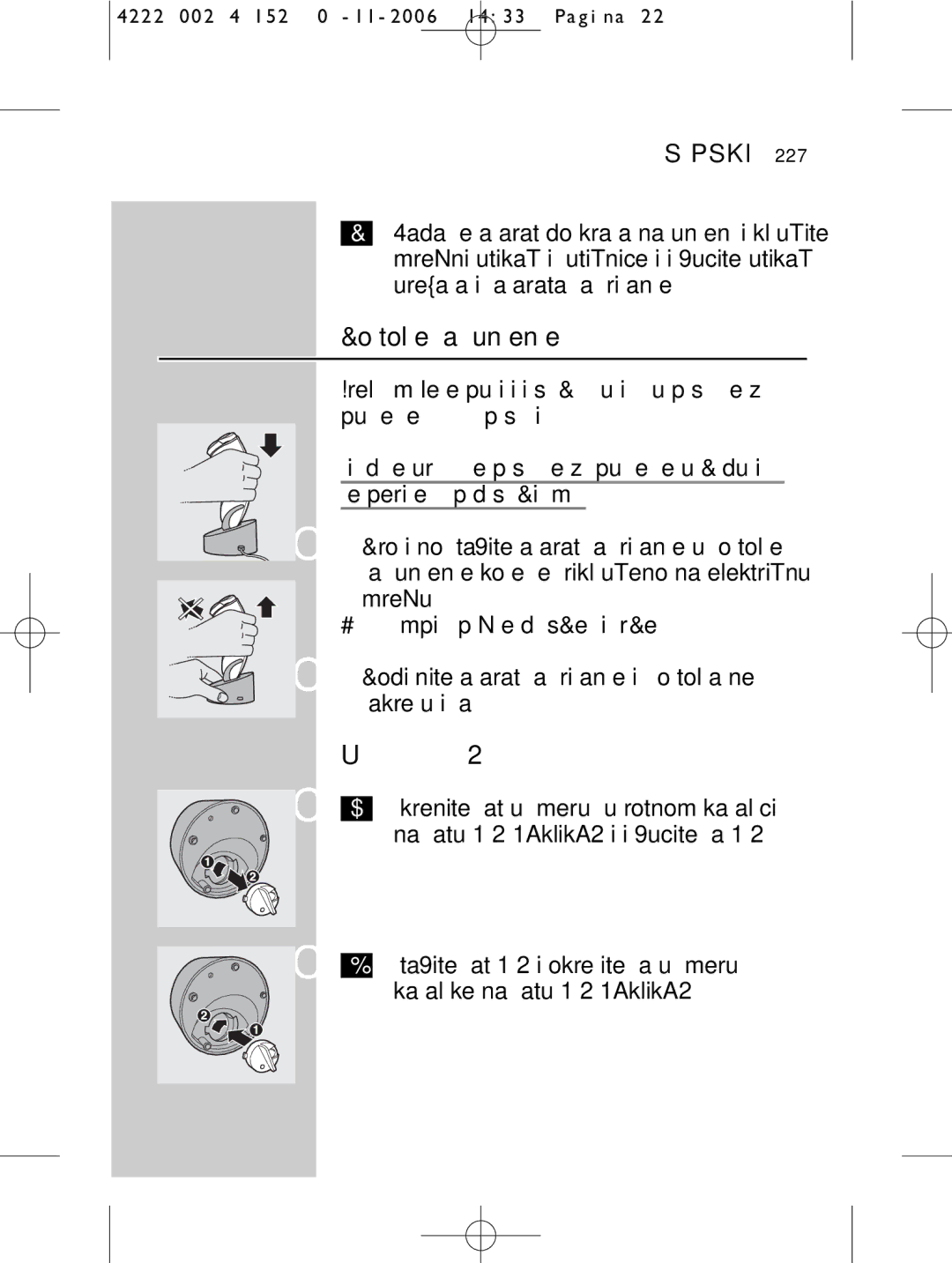 HQ 9160 manual Postolje za punjenje, Uklanjanje i stavljanje sata, Na satu 1 klik i izvucite ga, Kazaljke na satu 2 klik 