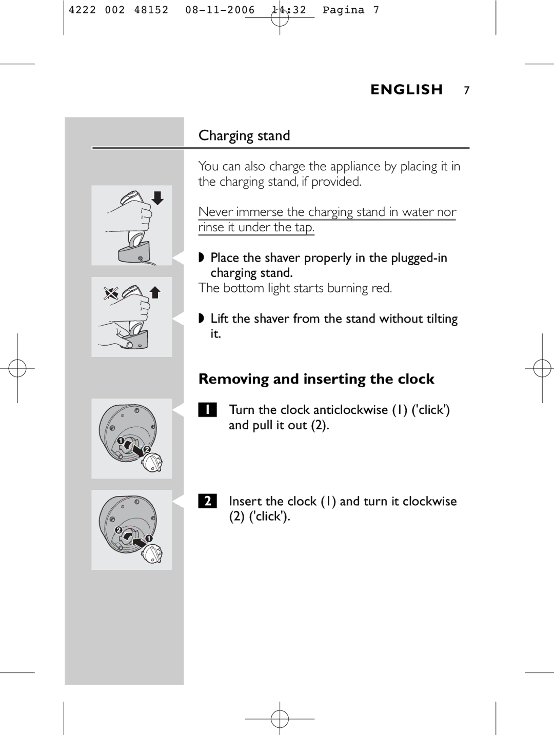 HQ 9160 manual Charging stand, Removing and inserting the clock 