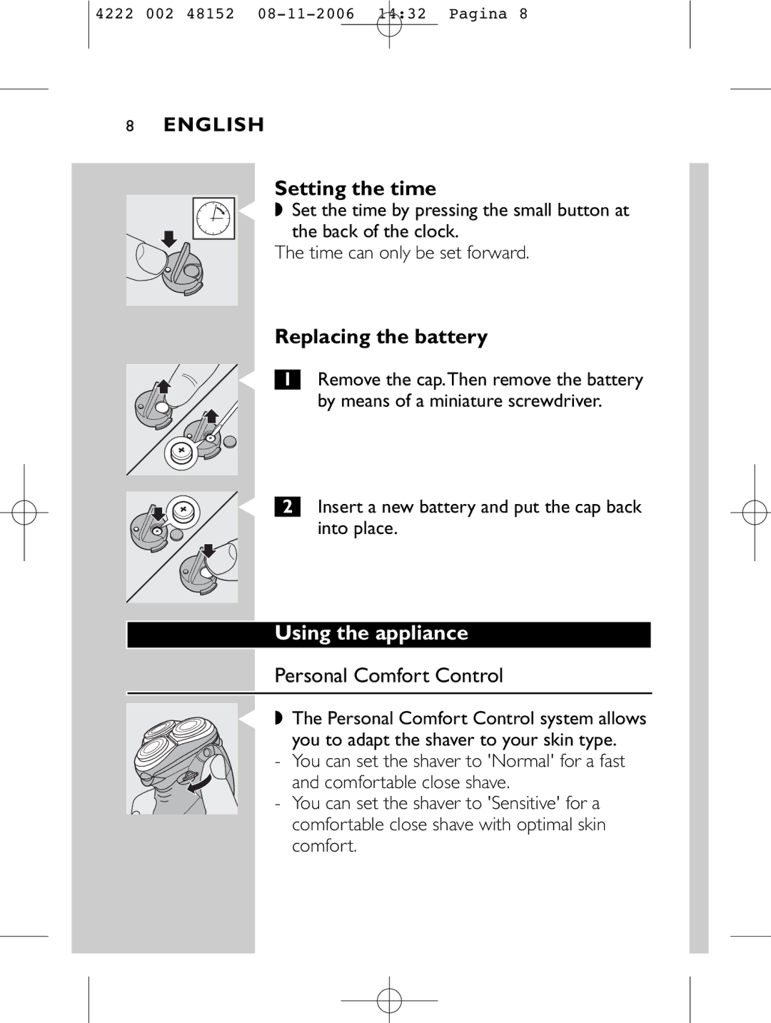 HQ 9160 manual Setting the time, Replacing the battery, Using the appliance, Personal Comfort Control 