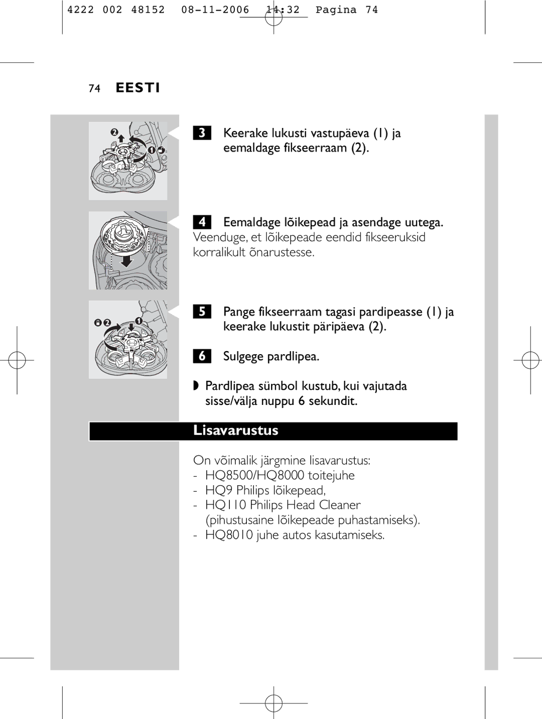 HQ 9160 manual Lisavarustus, HQ8010 juhe autos kasutamiseks 