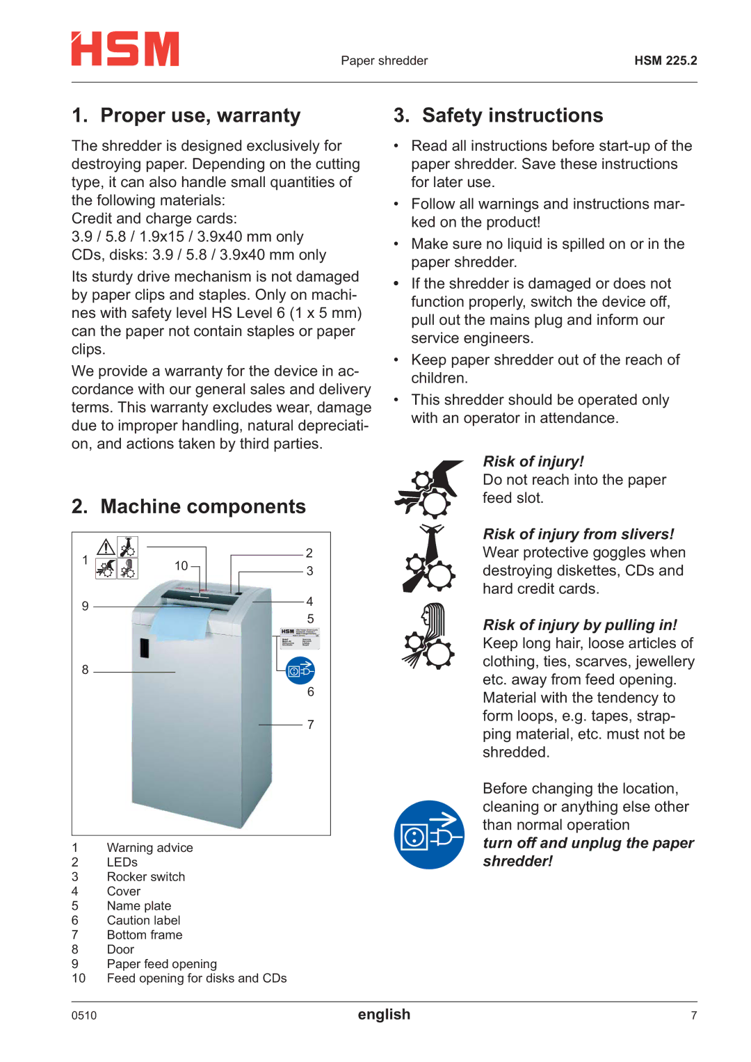 HSM 225.2 operating instructions Proper use, warranty, Machine components, Safety instructions, English 