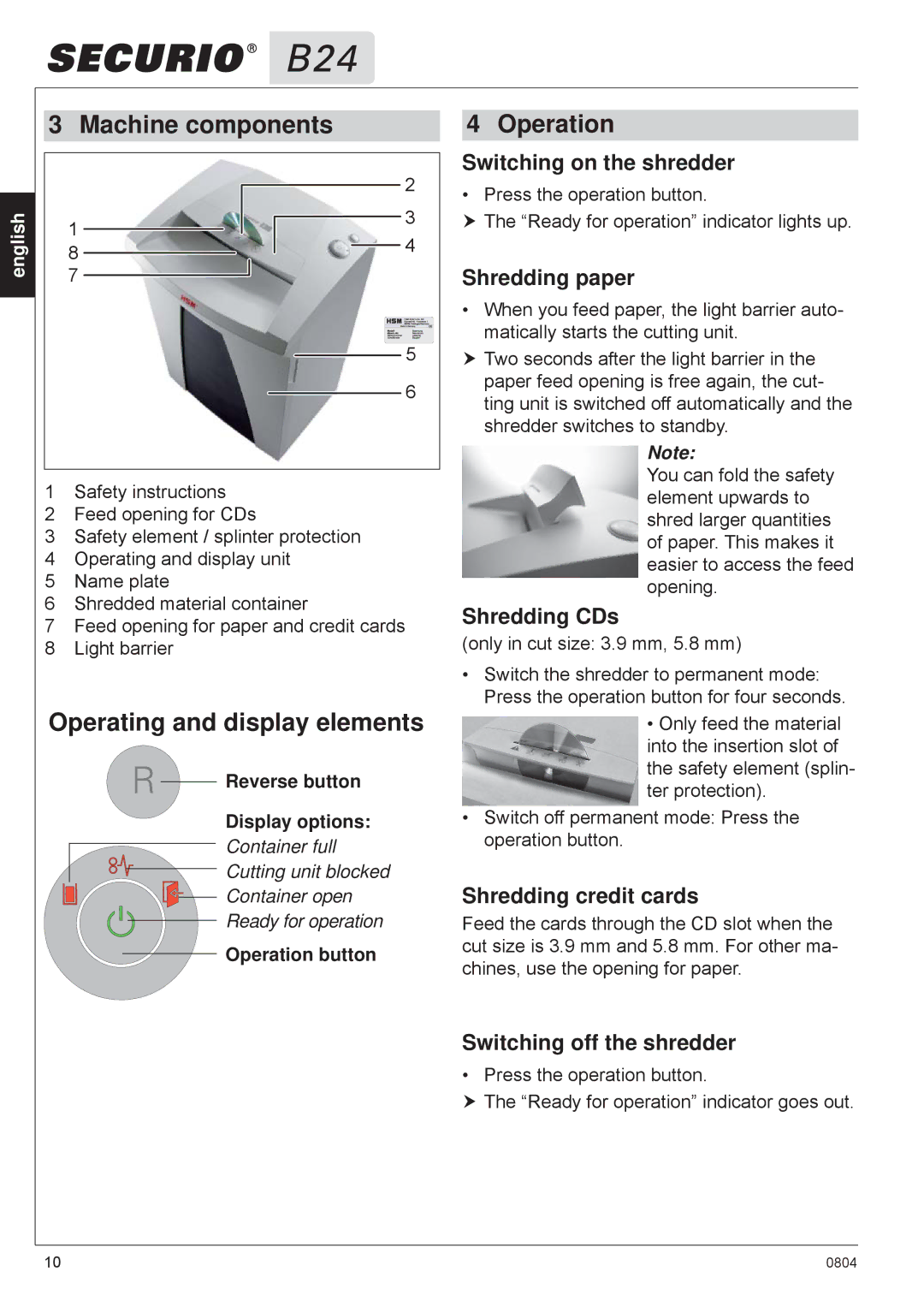 HSM B24 manual Machine components, Operating and display elements, Operation 