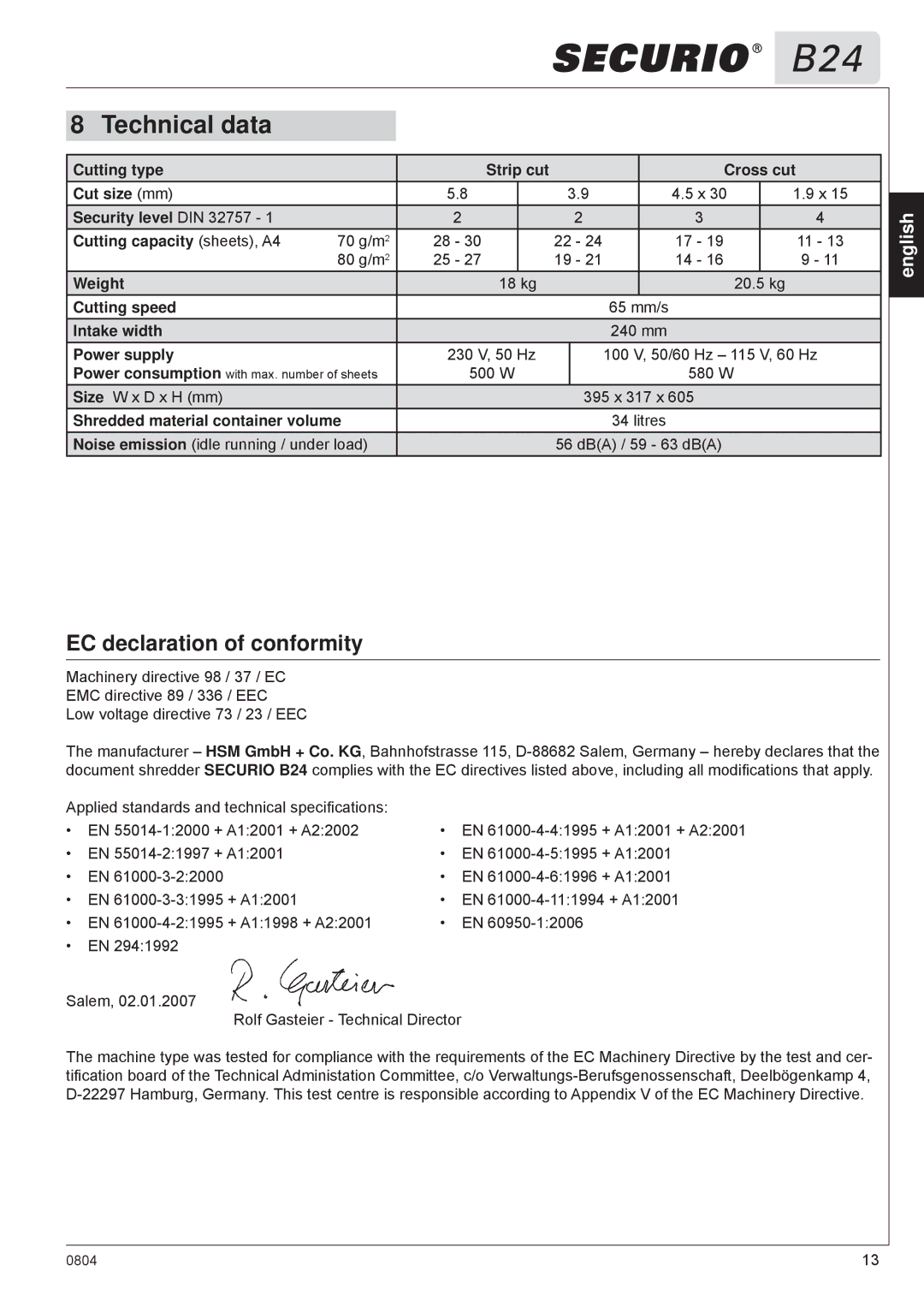 HSM B24 manual Technical data, EC declaration of conformity 