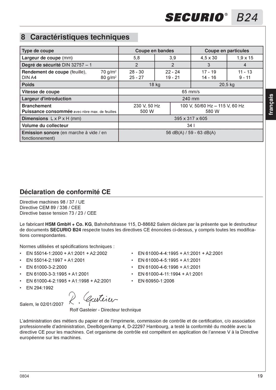 HSM B24 manual Caractéristiques techniques, Déclaration de conformité CE 