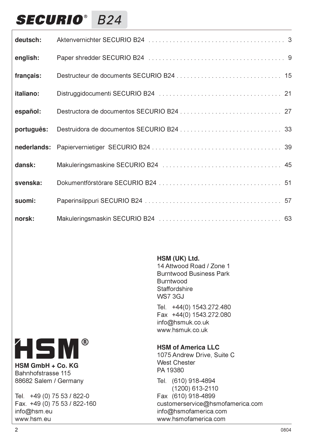 HSM B24 manual HSM of America LLC, HSM GmbH + Co. KG 