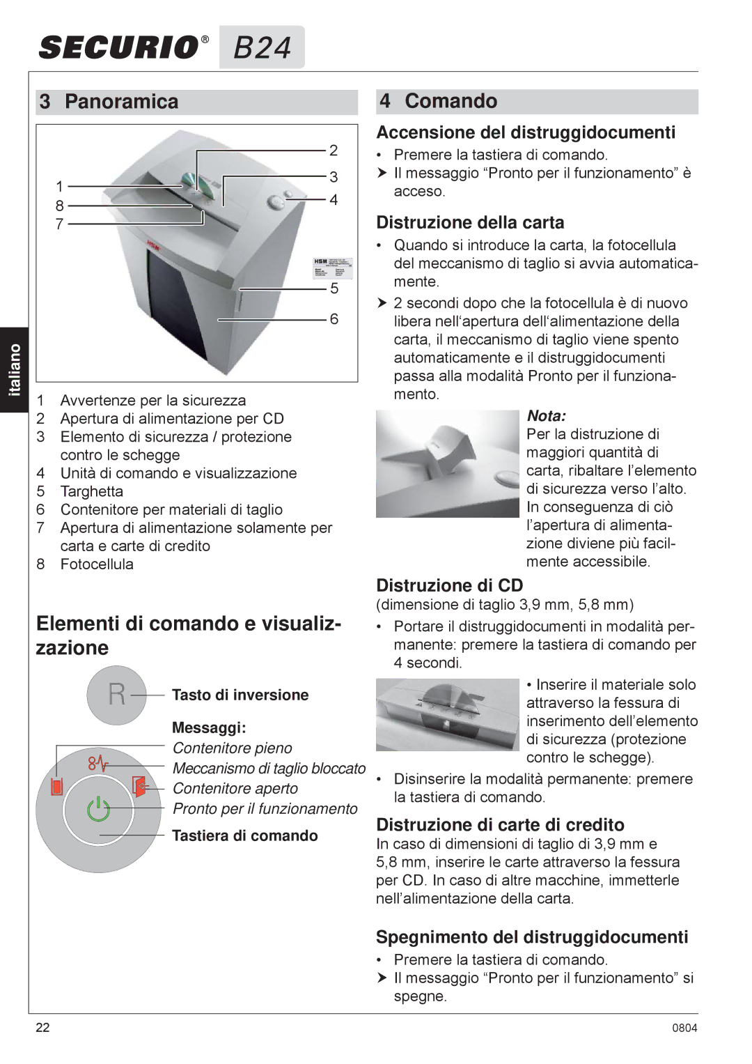 HSM B24 manual Panoramica Comando, Elementi di comando e visualiz, Zazione 