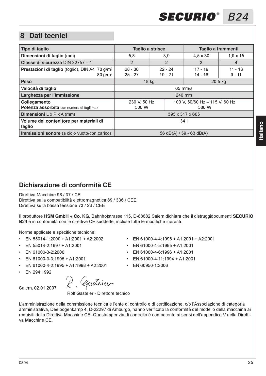 HSM B24 manual Dati tecnici, Dichiarazione di conformità CE 