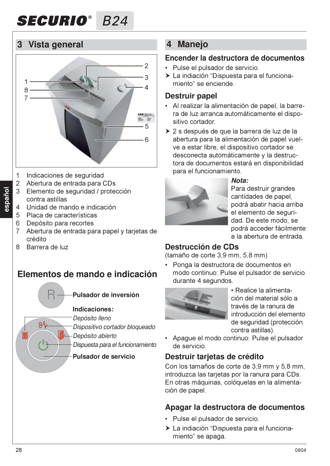 HSM B24 manual Vista general, Elementos de mando e indicación, Manejo 