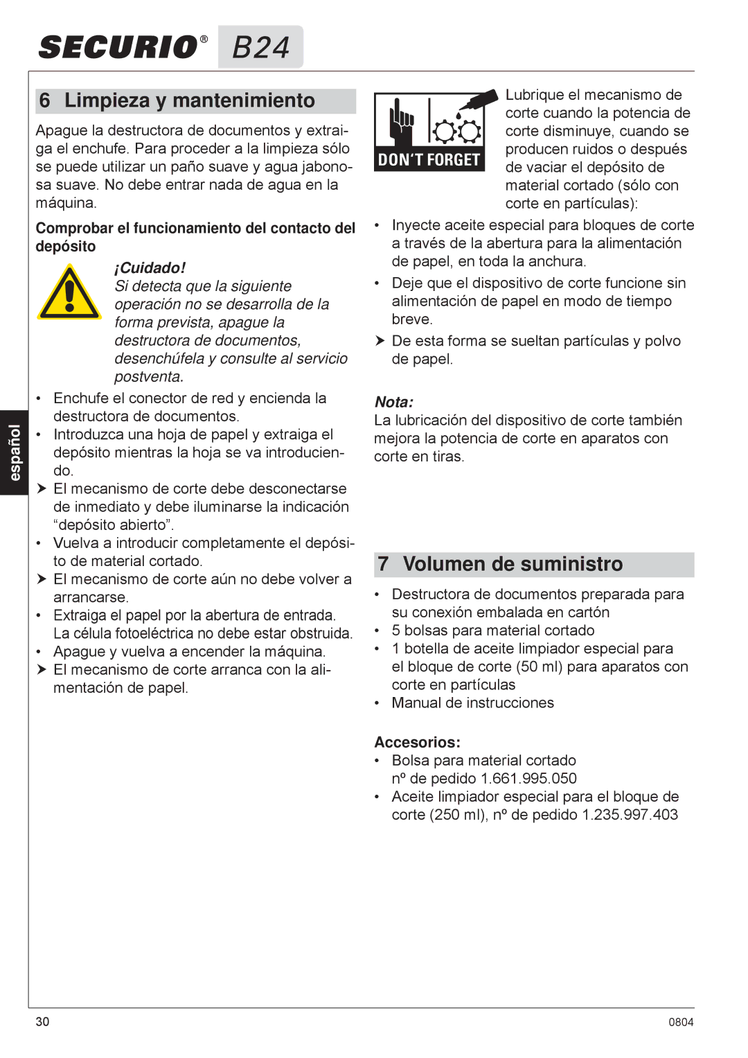 HSM B24 Limpieza y mantenimiento, Volumen de suministro, Comprobar el funcionamiento del contacto del depósito, ¡Cuidado 