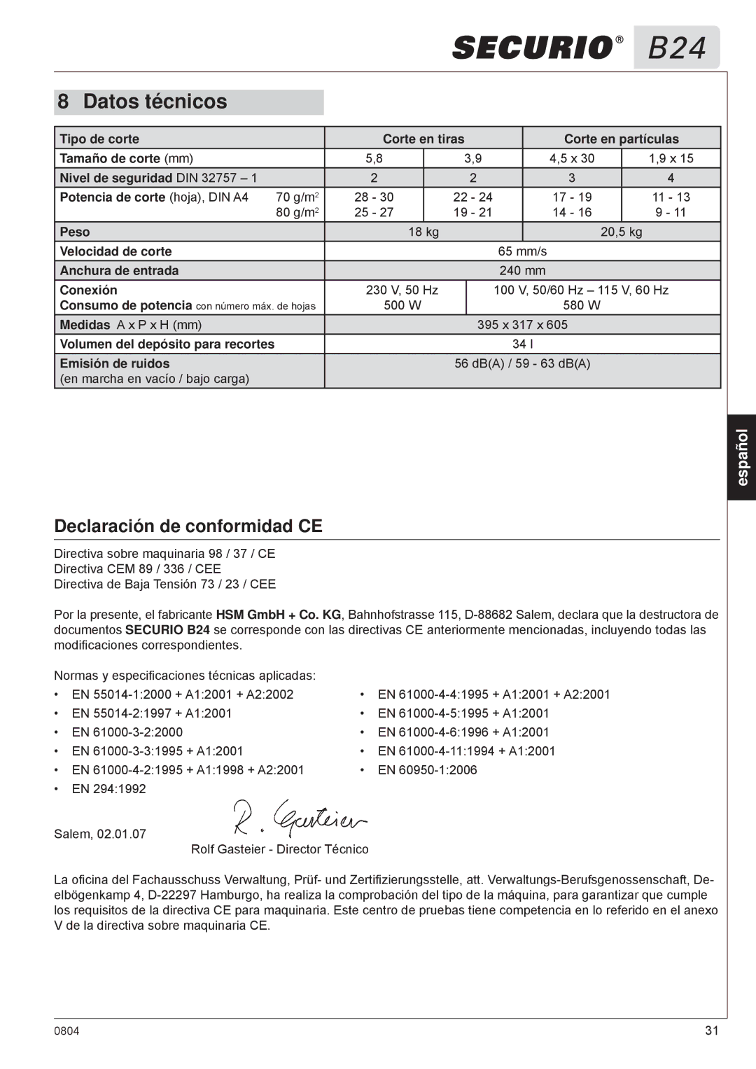 HSM B24 manual Datos técnicos, Declaración de conformidad CE 