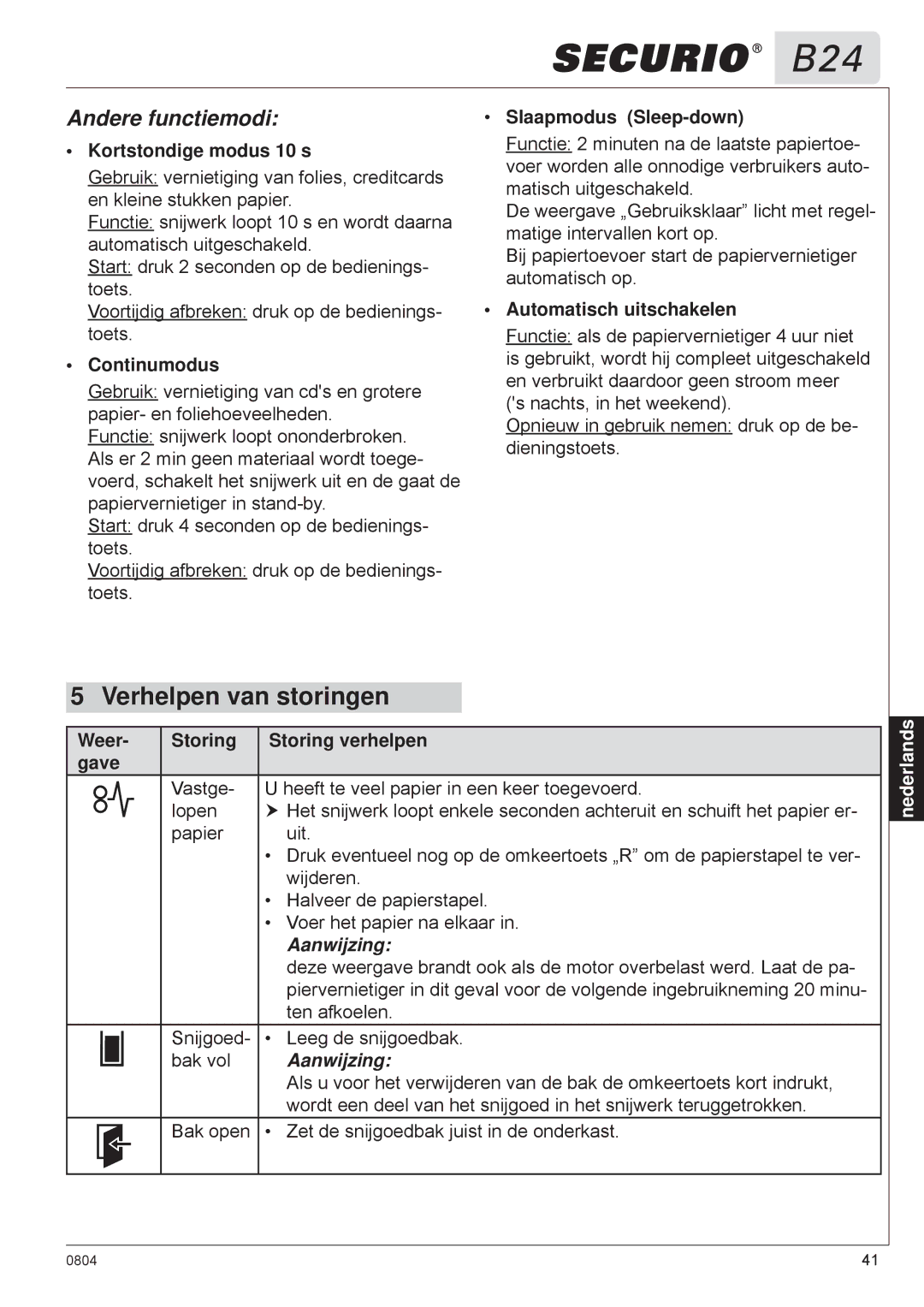 HSM B24 manual Verhelpen van storingen, Andere functiemodi 