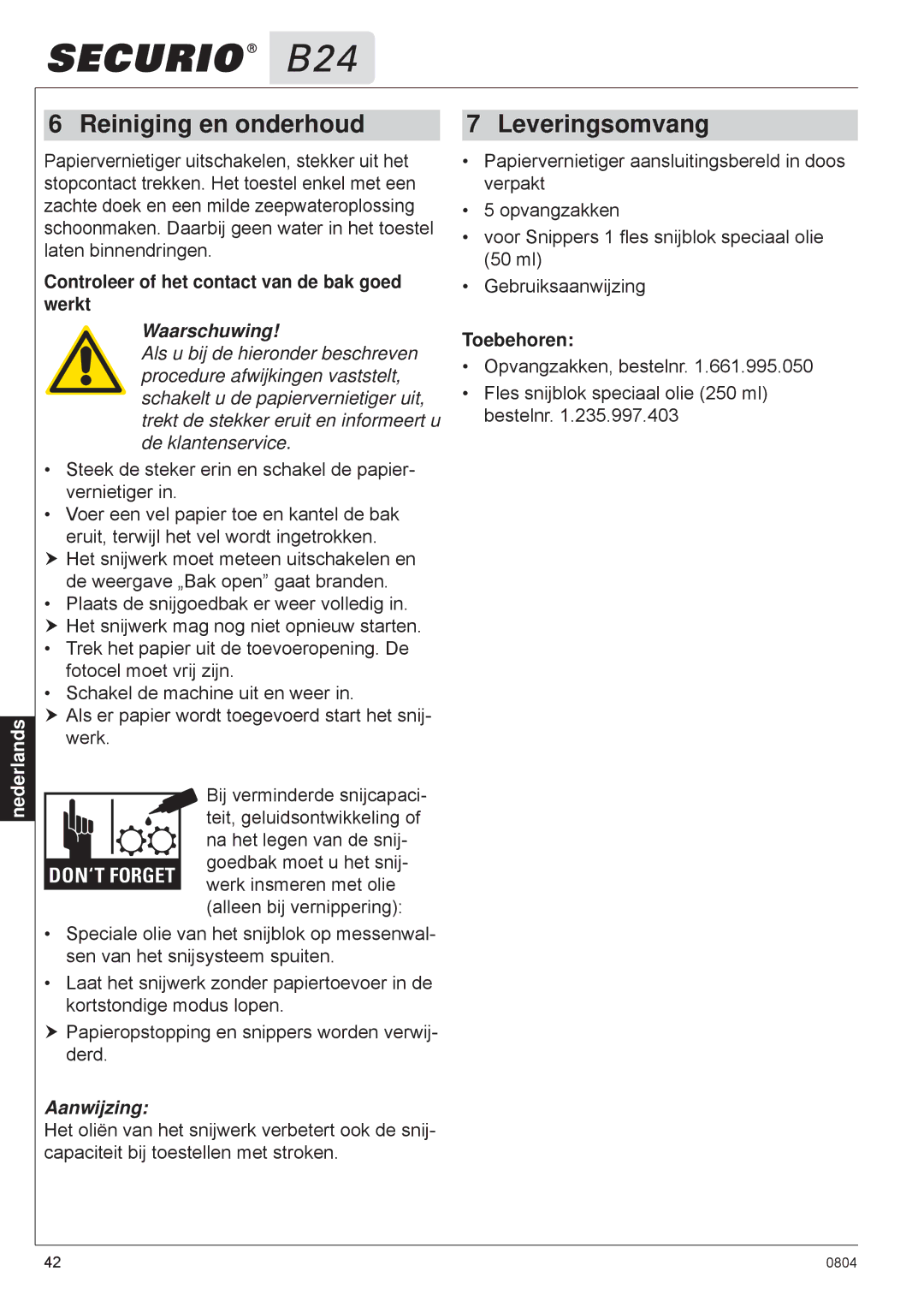 HSM B24 Reiniging en onderhoud, Leveringsomvang, Controleer of het contact van de bak goed werkt, Waarschuwing, Toebehoren 