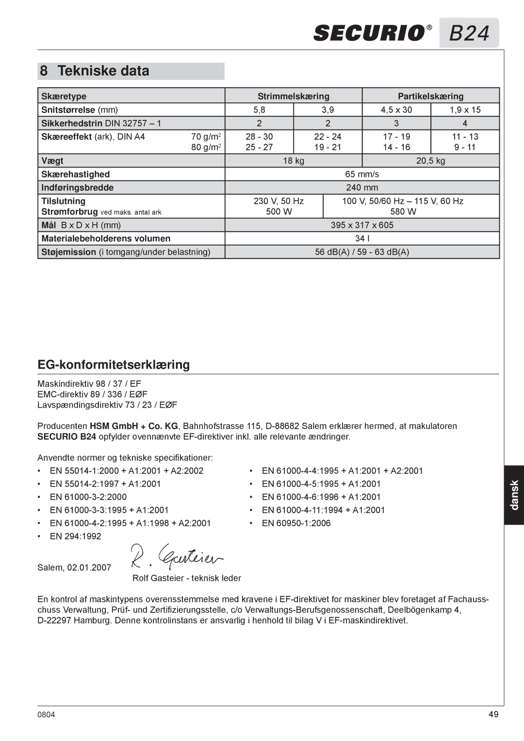 HSM B24 manual Tekniske data, EG-konformitetserklæring 