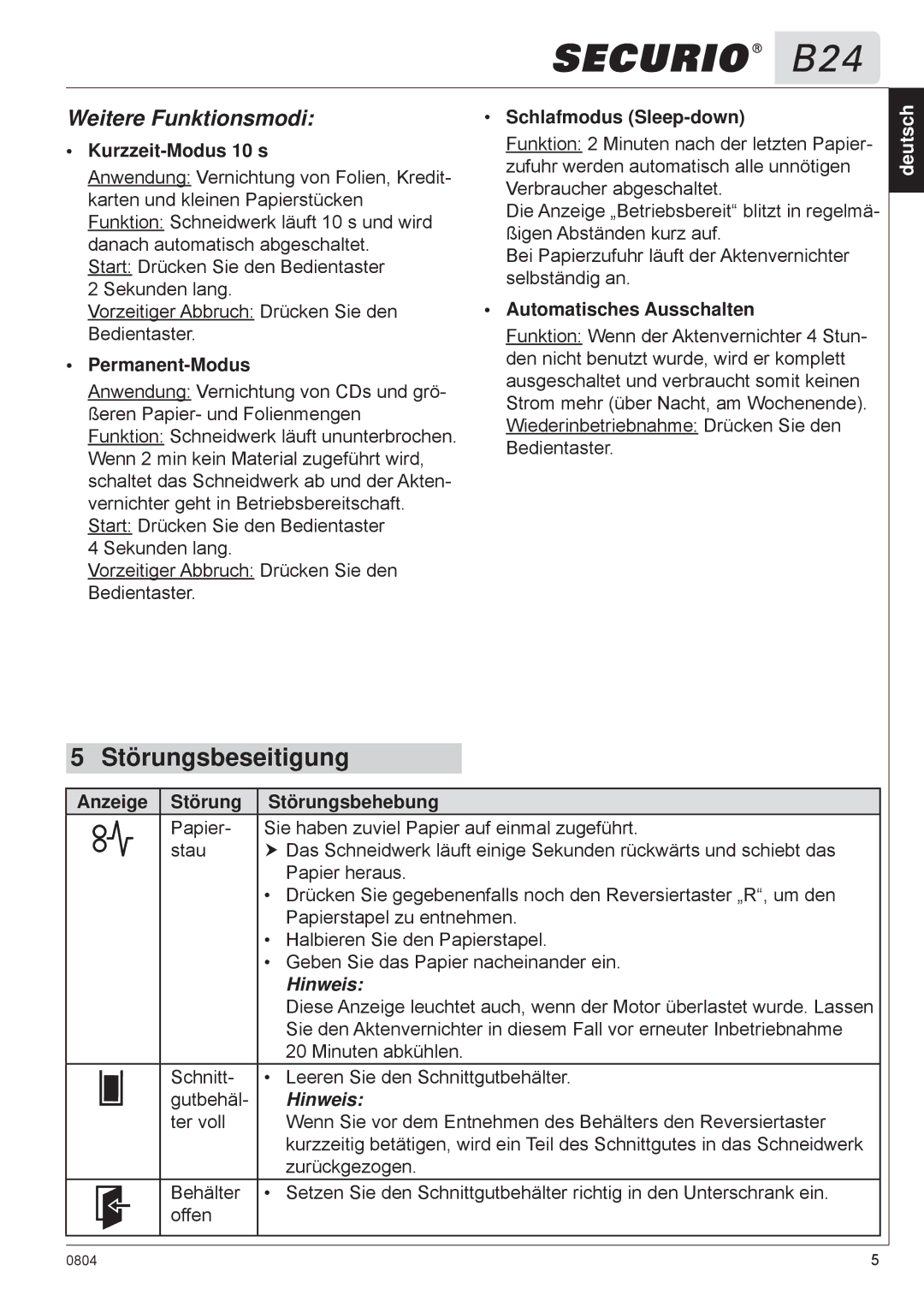 HSM B24 manual Störungsbeseitigung, Weitere Funktionsmodi 