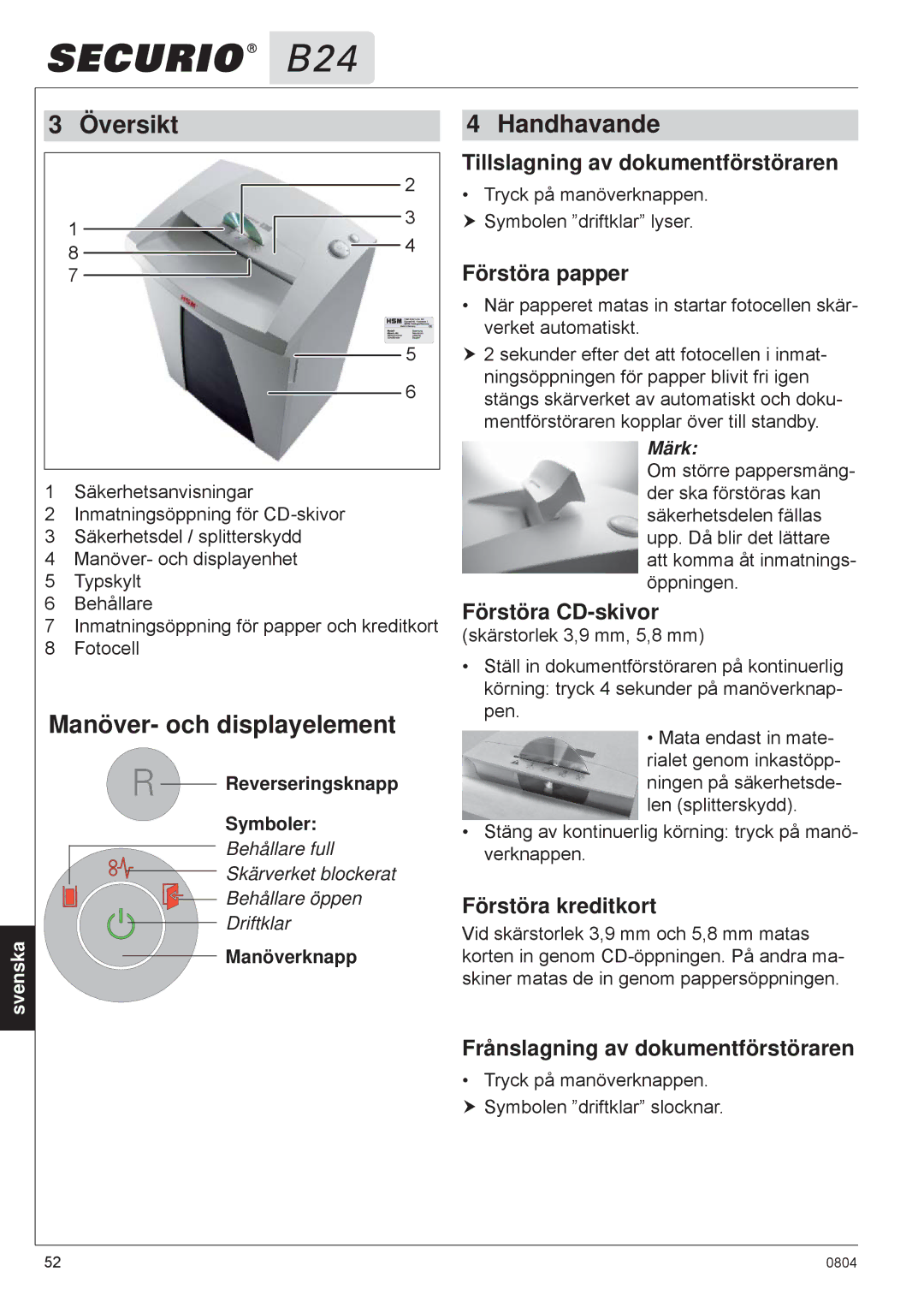 HSM B24 manual Översikt, Manöver- och displayelement, Handhavande 