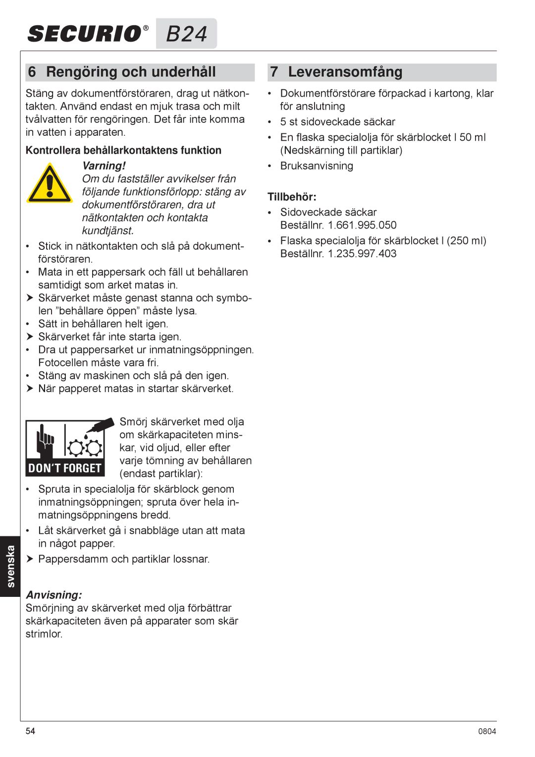 HSM B24 manual Rengöring och underhåll, Leveransomfång, Varning, Anvisning 