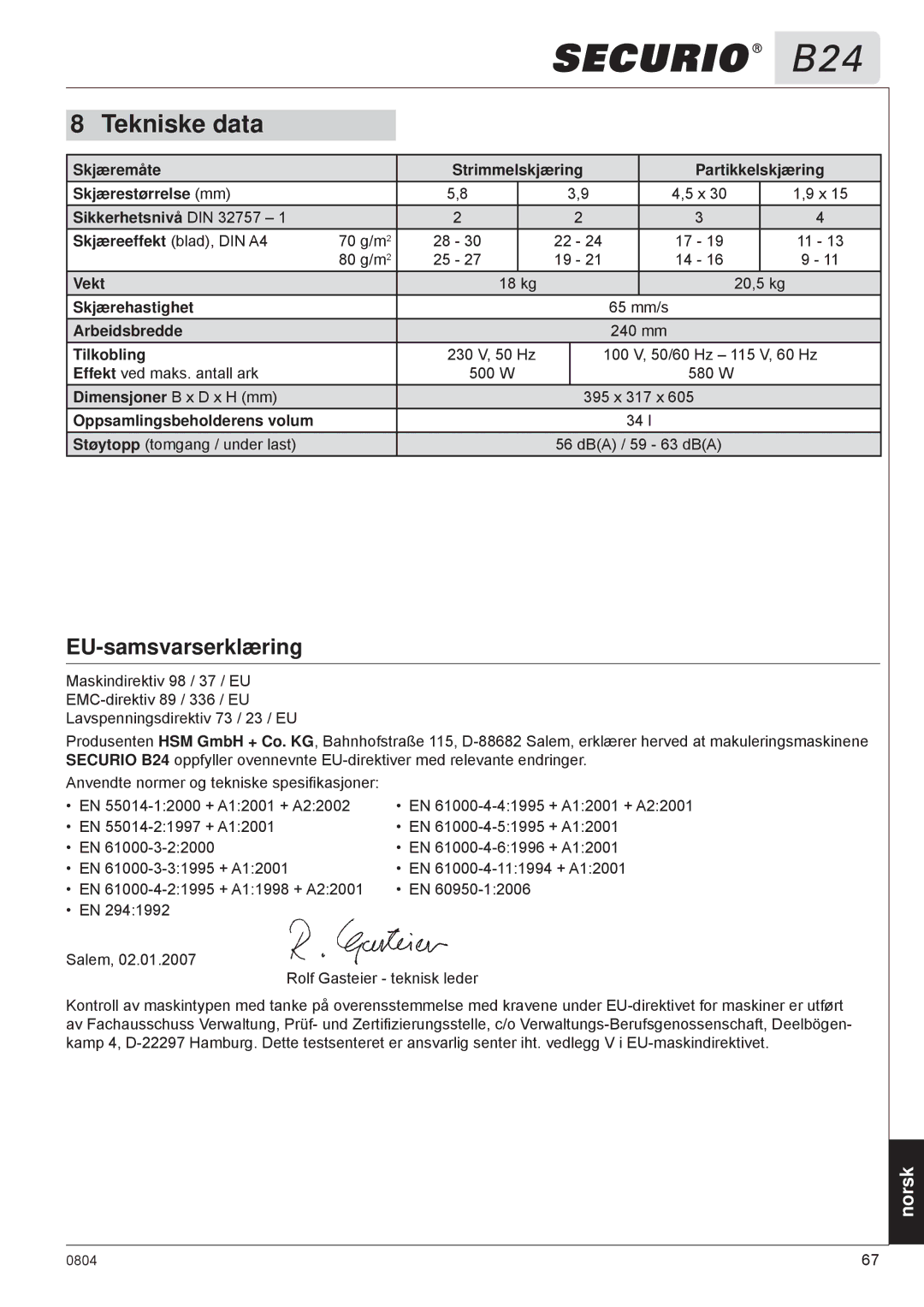 HSM B24 manual EU-samsvarserklæring 