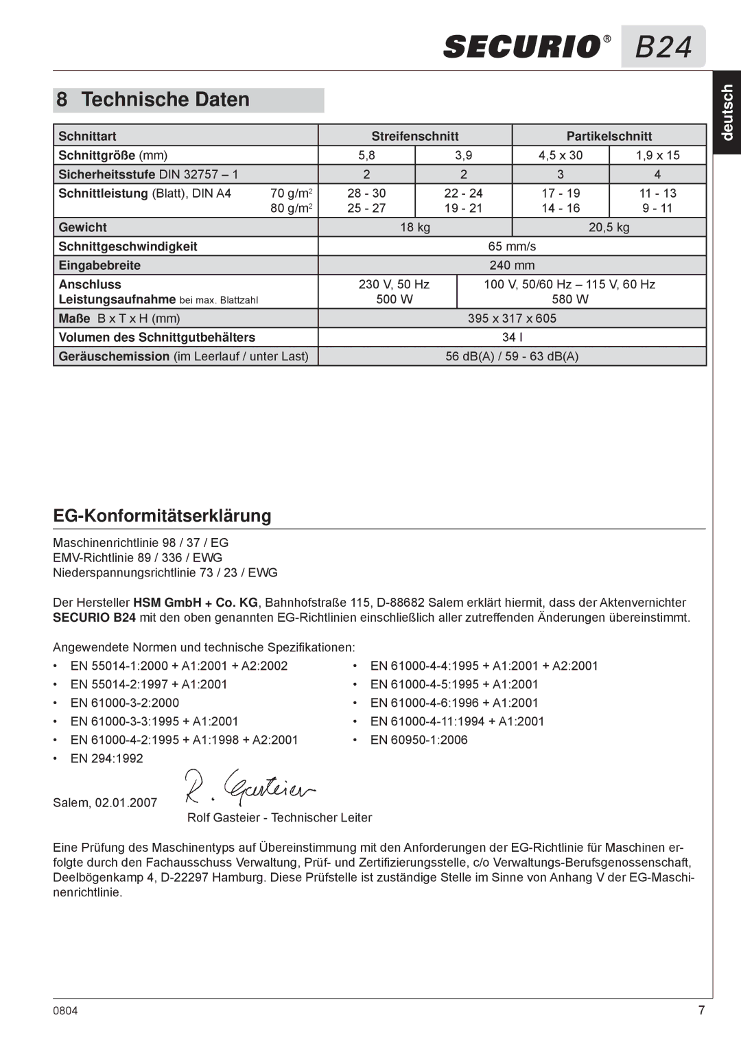 HSM B24 manual Technische Daten, EG-Konformitätserklärung 