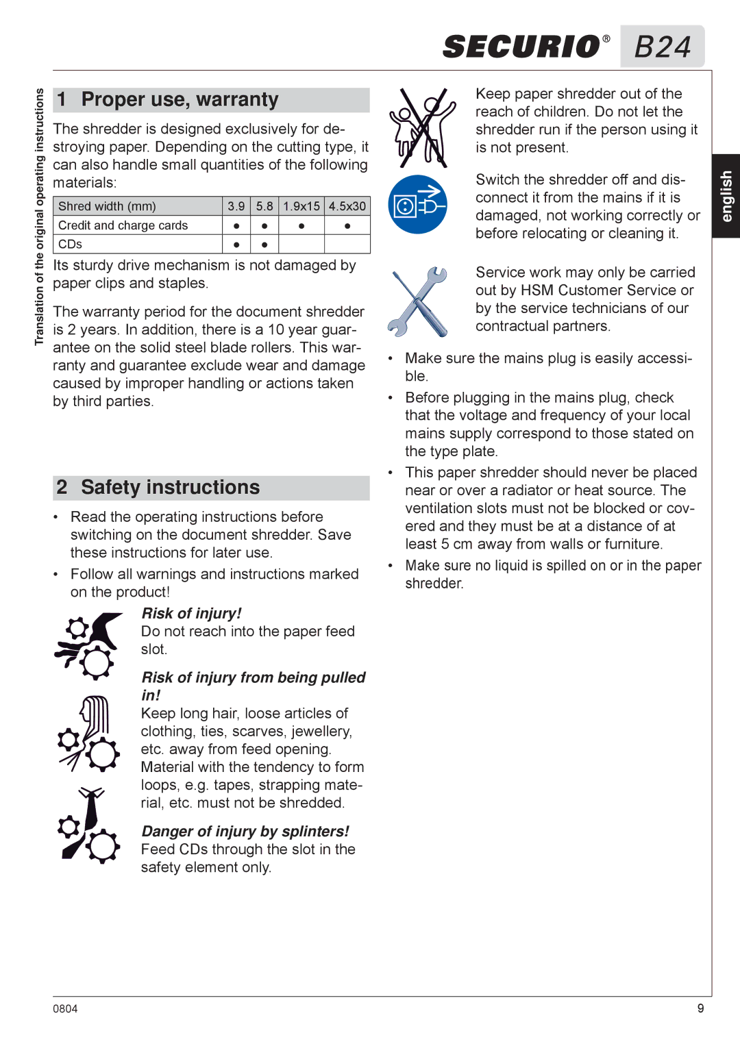 HSM B24 manual Proper use, warranty, Safety instructions, Risk of injury 