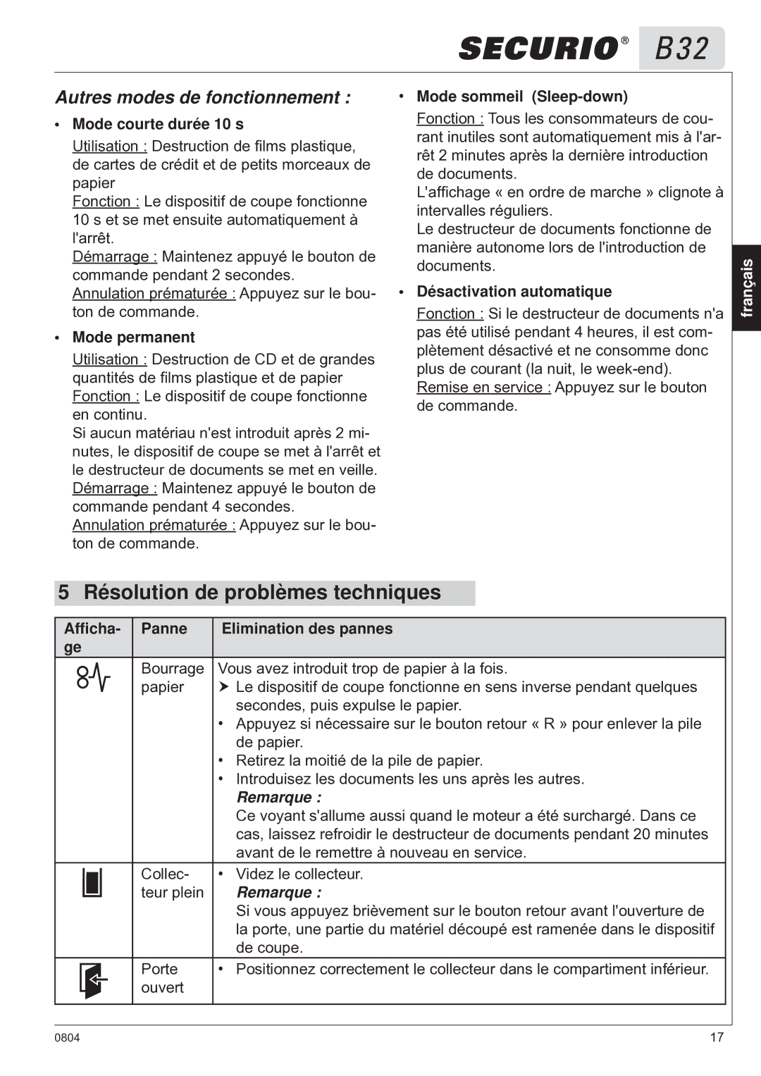 HSM B32 manual Résolution de problèmes techniques, Autres modes de fonctionnement 