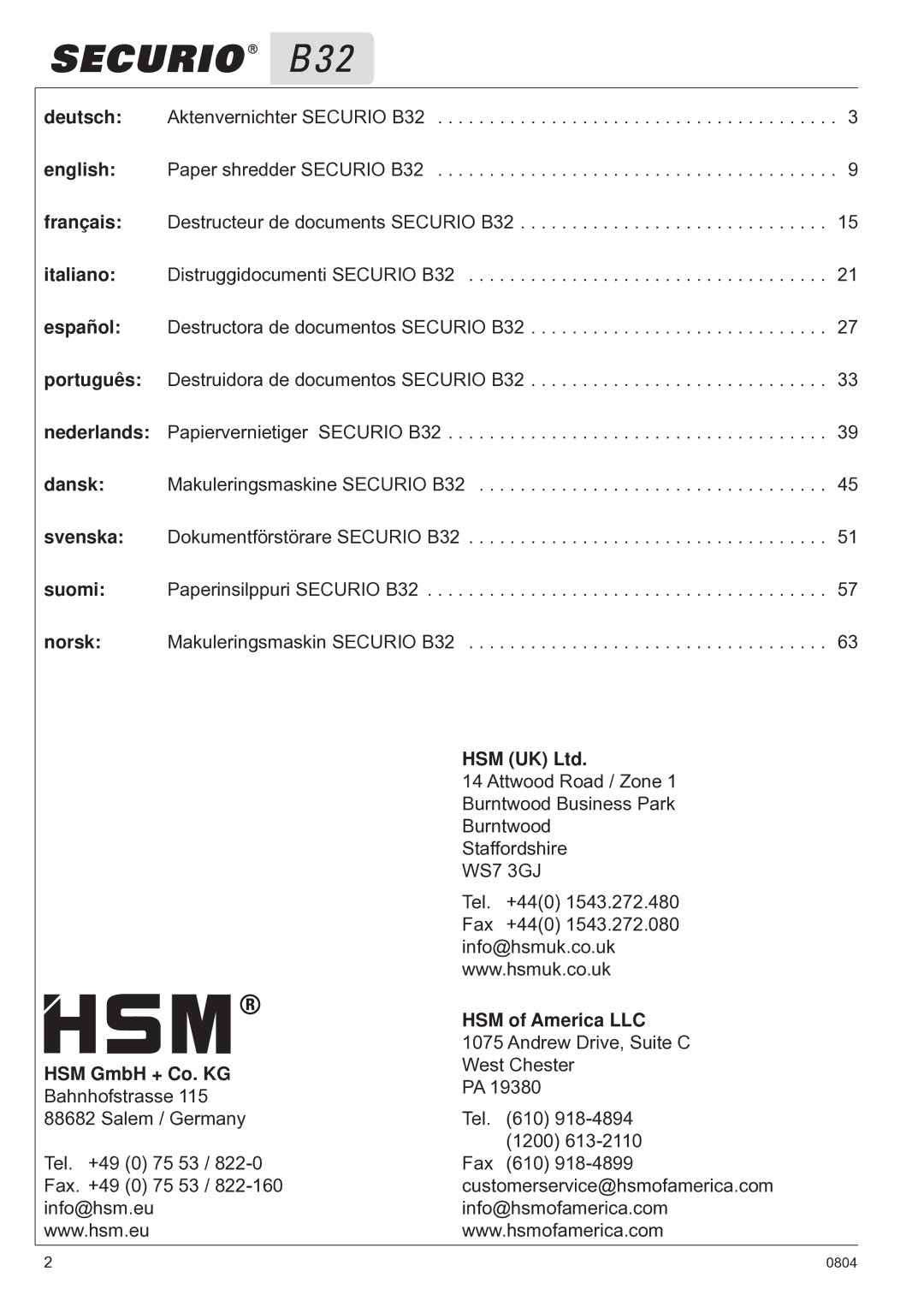 HSM B32 manual HSM of America LLC, HSM GmbH + Co. KG 