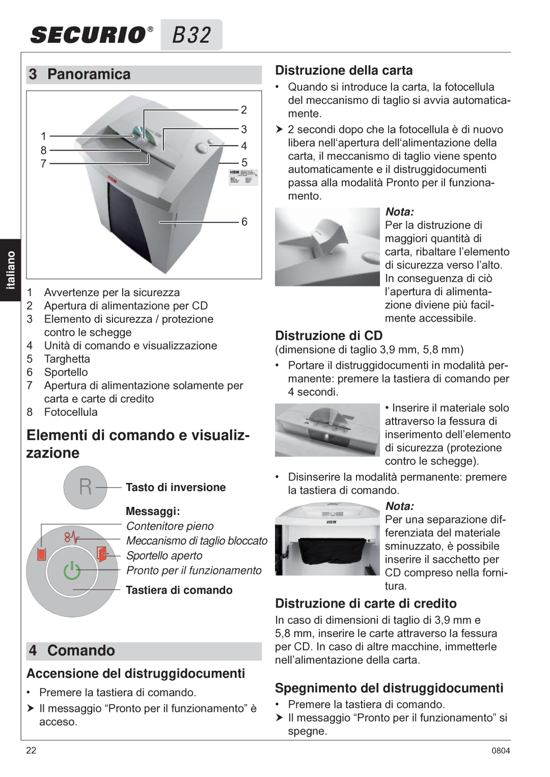 HSM B32 manual Panoramica, Elementi di comando e visualiz, Zazione, Comando 