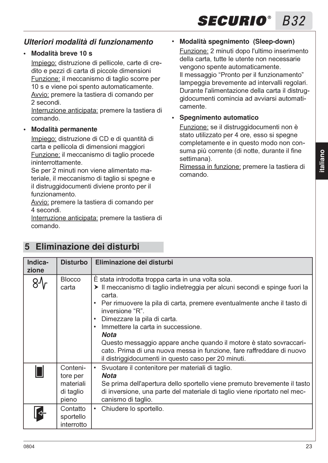 HSM B32 manual Eliminazione dei disturbi, Ulteriori modalità di funzionamento 