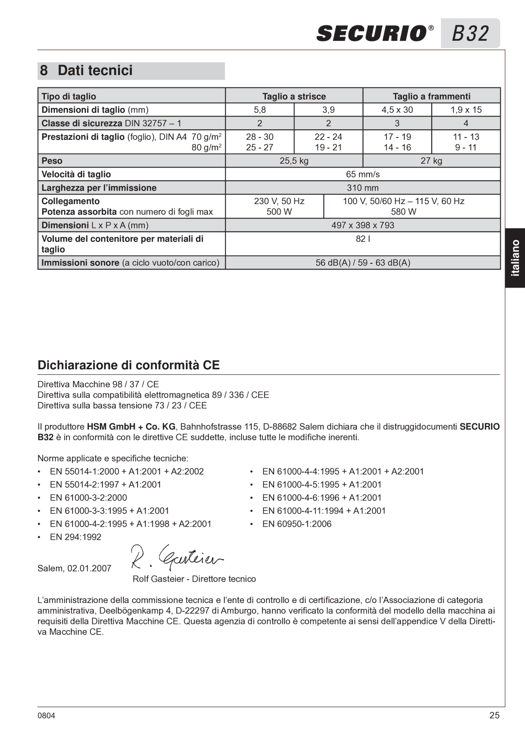 HSM B32 manual Dati tecnici, Dichiarazione di conformità CE 