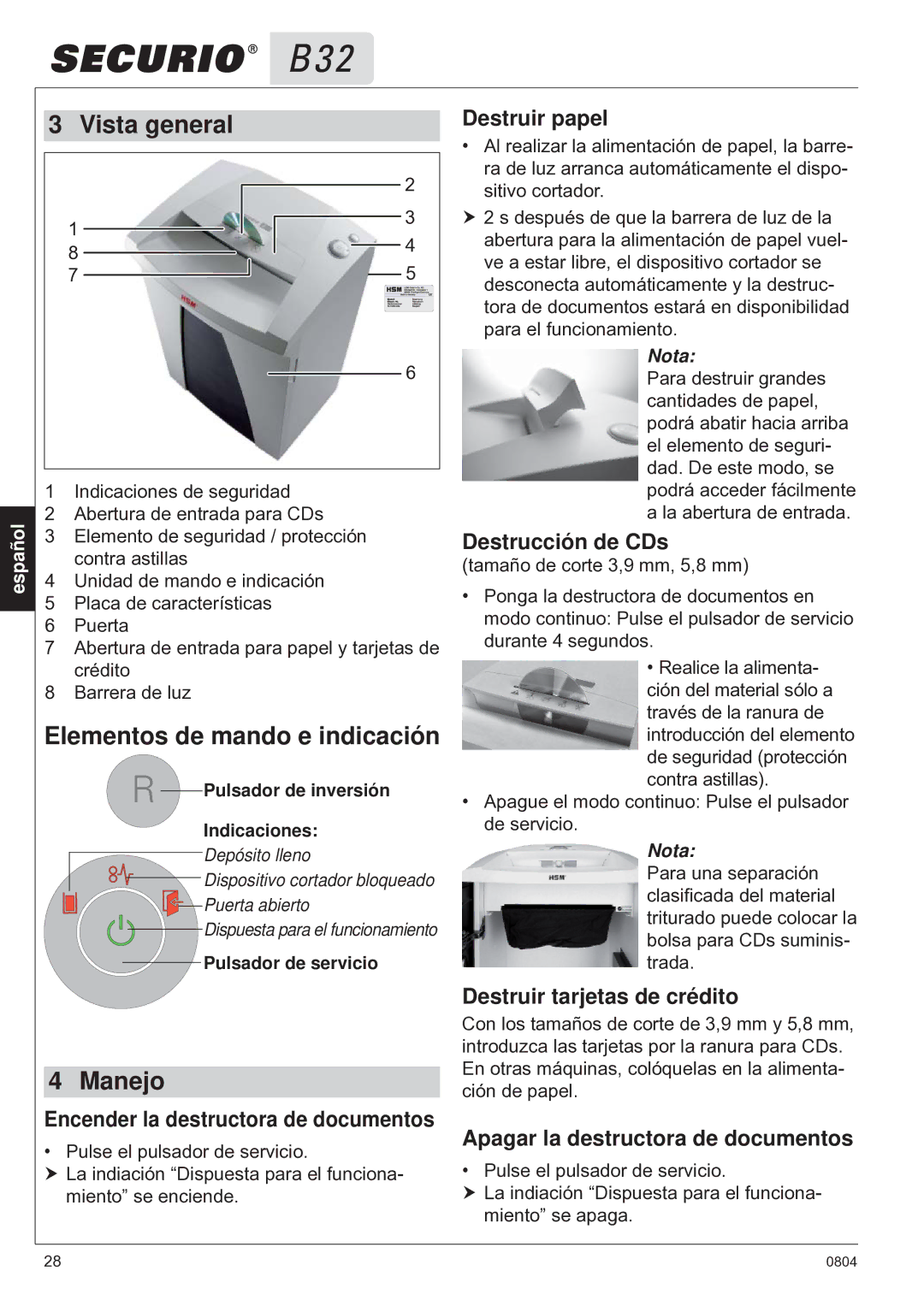 HSM B32 manual Vista general, Elementos de mando e indicación, Manejo 