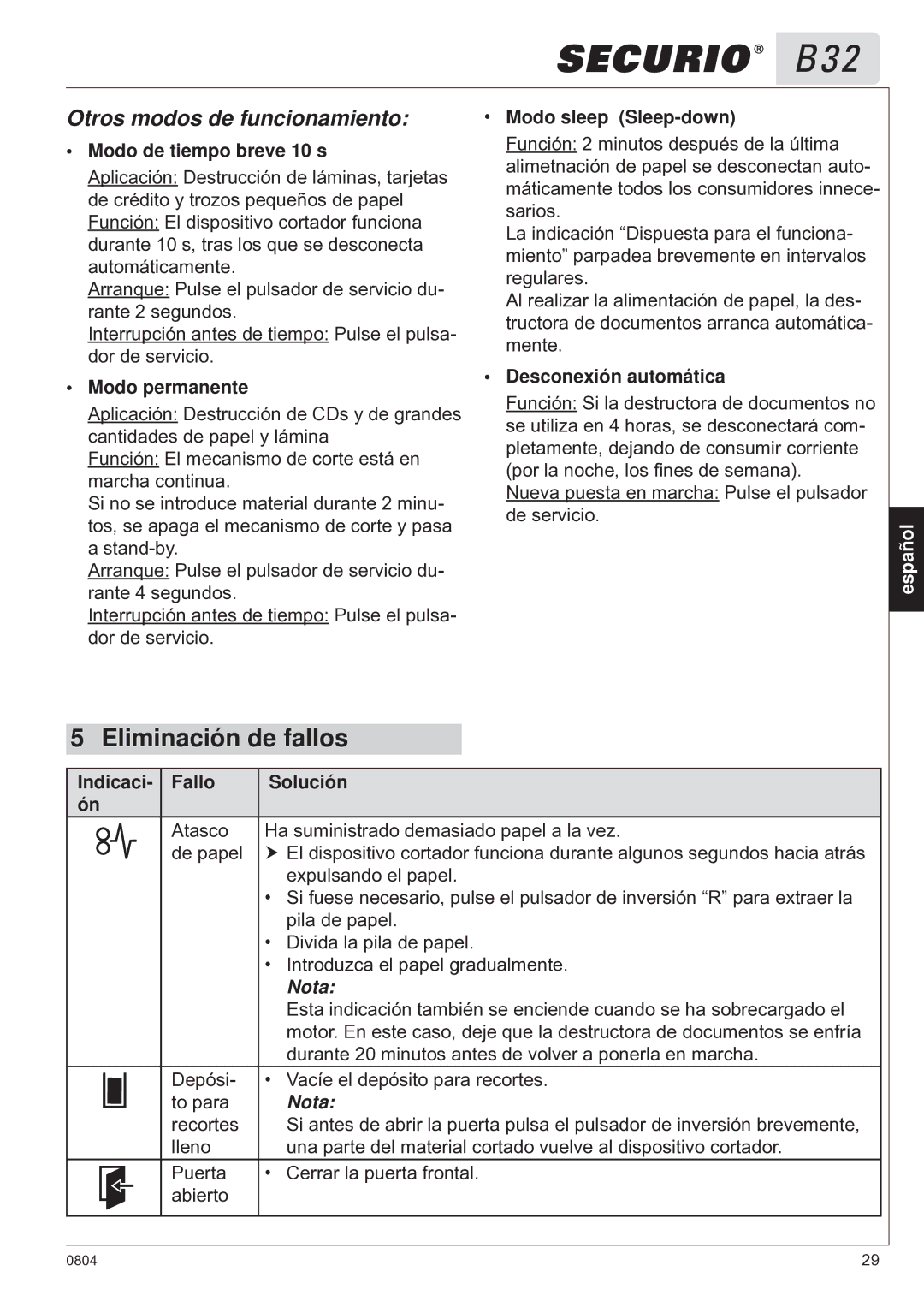 HSM B32 manual Eliminación de fallos, Otros modos de funcionamiento 