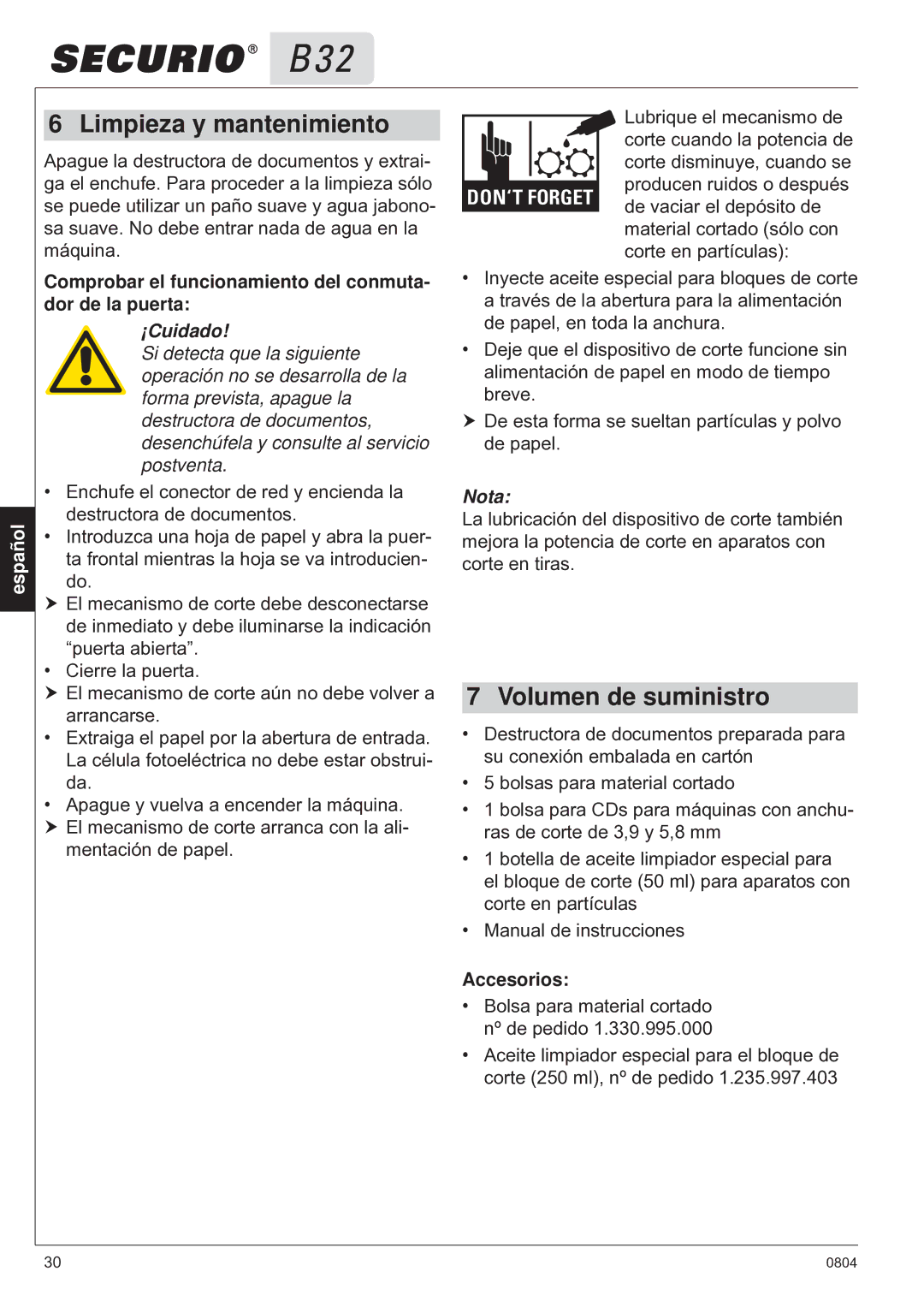 HSM B32 manual Limpieza y mantenimiento, Volumen de suministro, Comprobar el funcionamiento del conmuta- dor de la puerta 