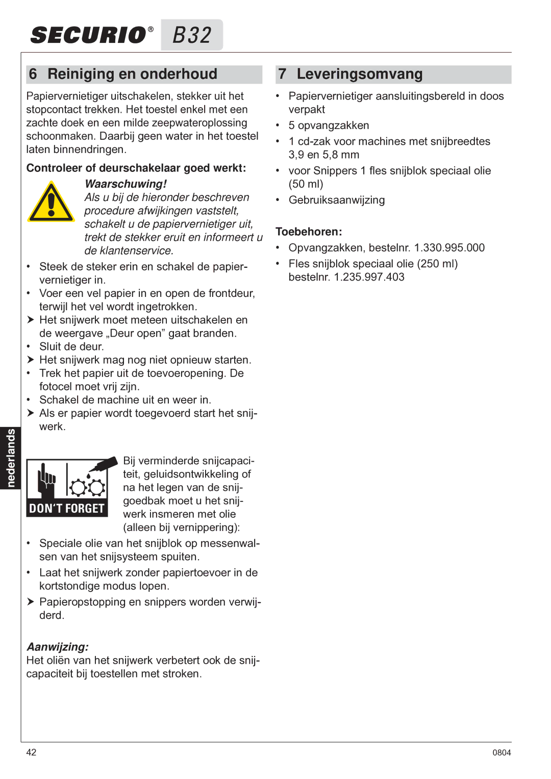 HSM B32 manual Reiniging en onderhoud, Leveringsomvang, Controleer of deurschakelaar goed werkt, Waarschuwing, Toebehoren 