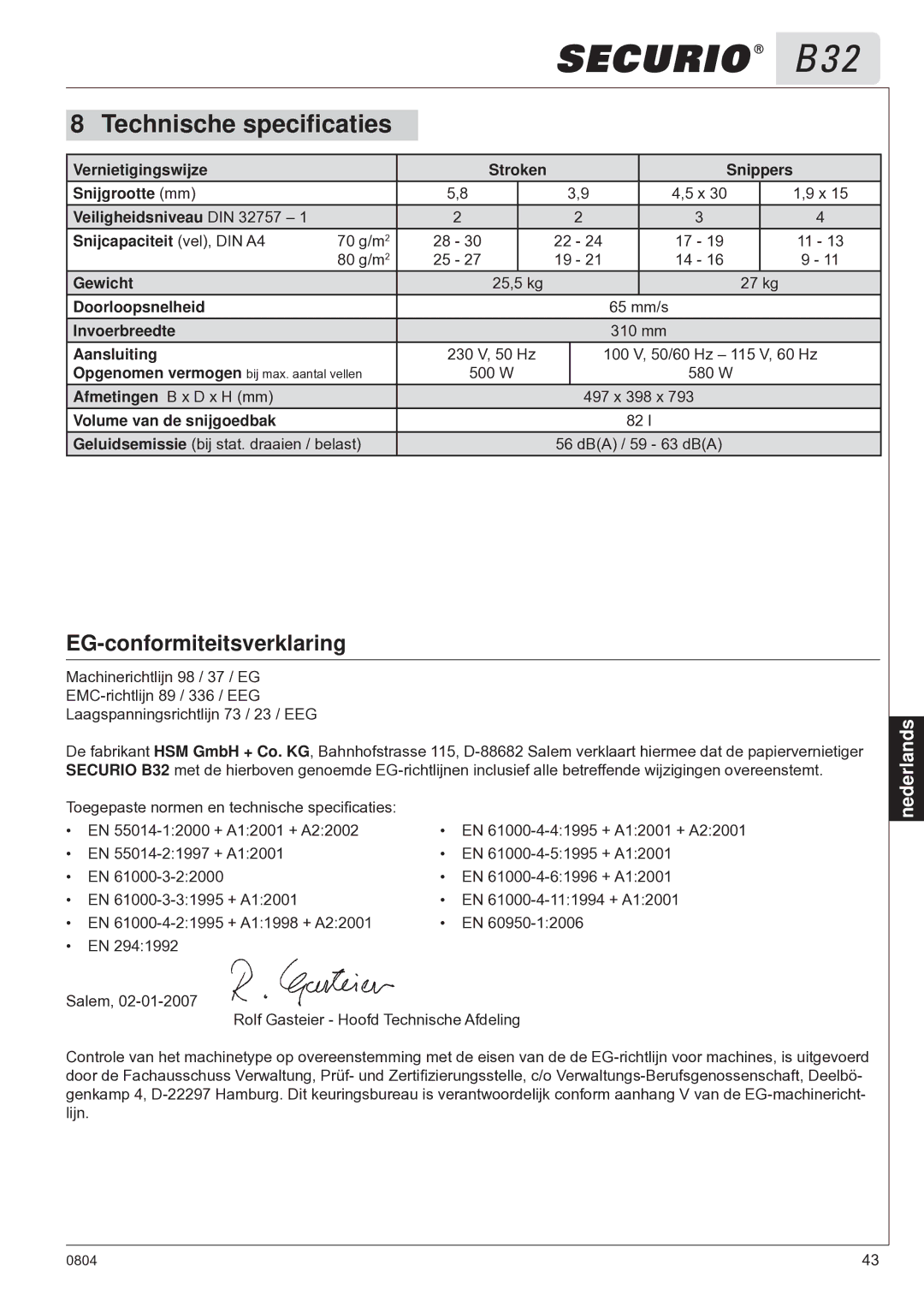 HSM B32 manual Technische speciﬁcaties, EG-conformiteitsverklaring 