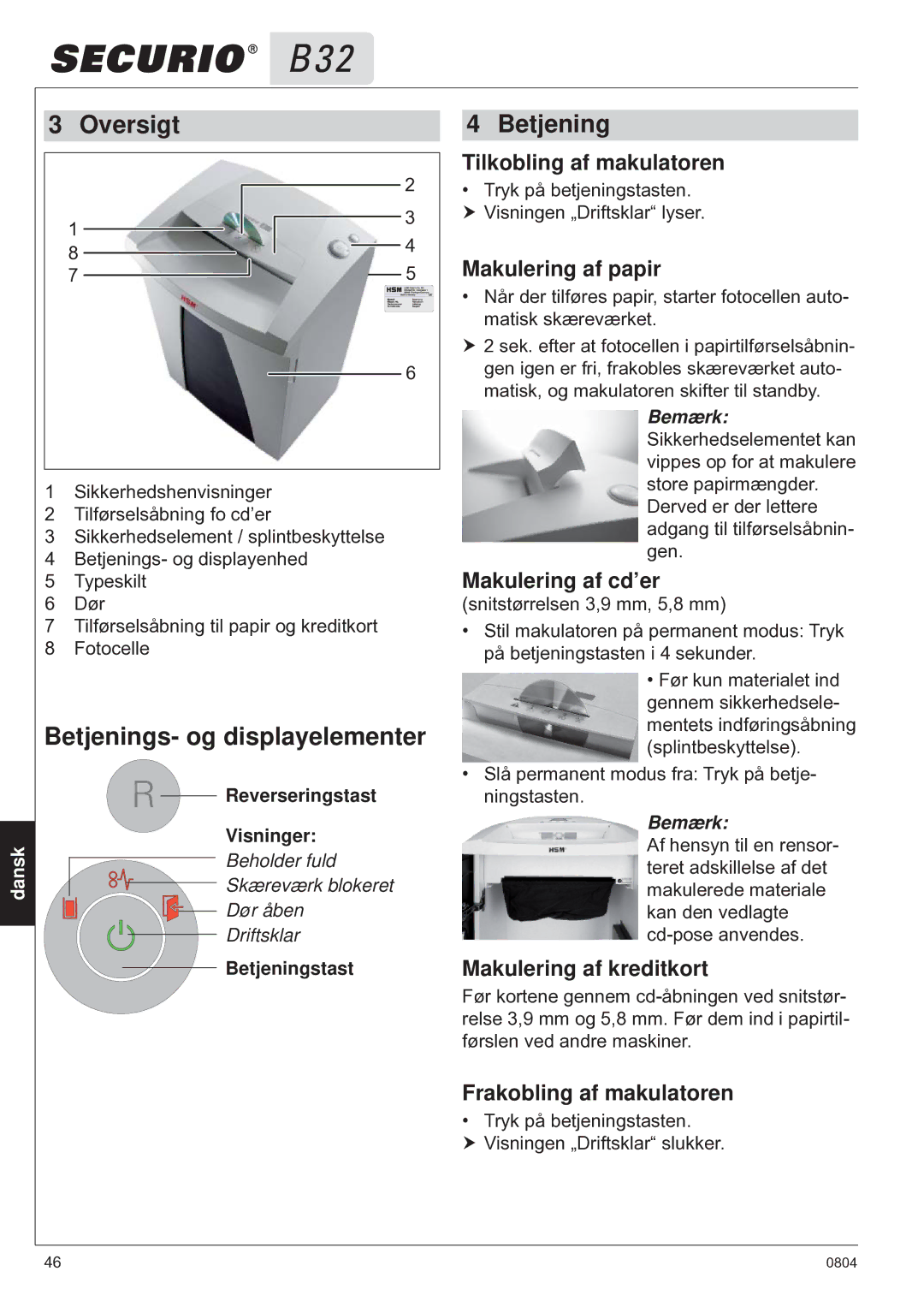 HSM B32 manual Oversigt, Betjenings- og displayelementer 