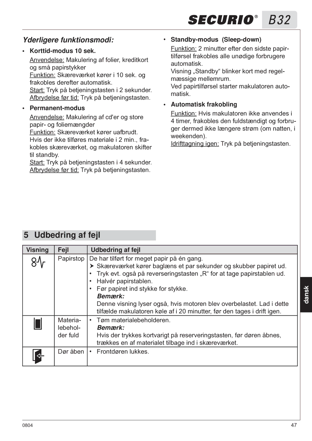 HSM B32 manual Udbedring af fejl, Yderligere funktionsmodi 