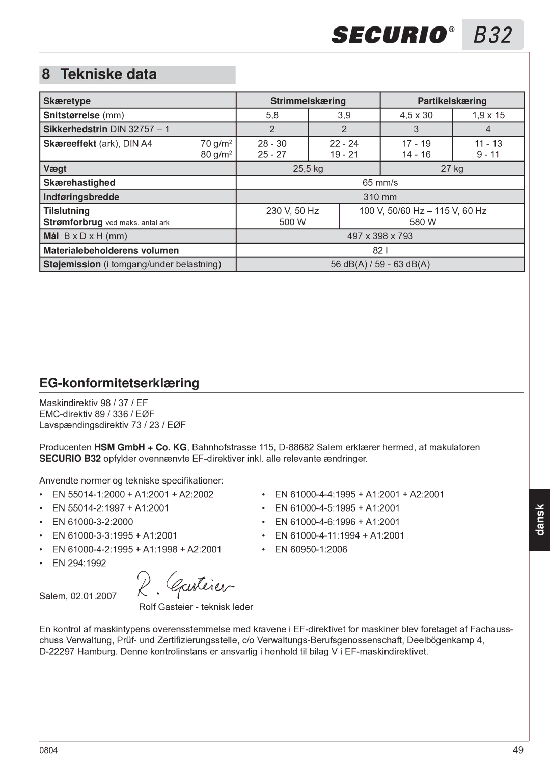 HSM B32 manual Tekniske data, EG-konformitetserklæring 