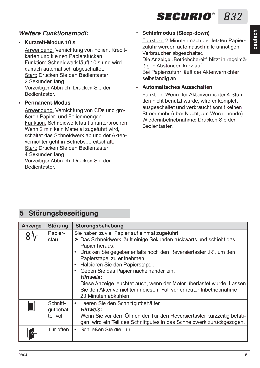 HSM B32 manual Störungsbeseitigung, Weitere Funktionsmodi 