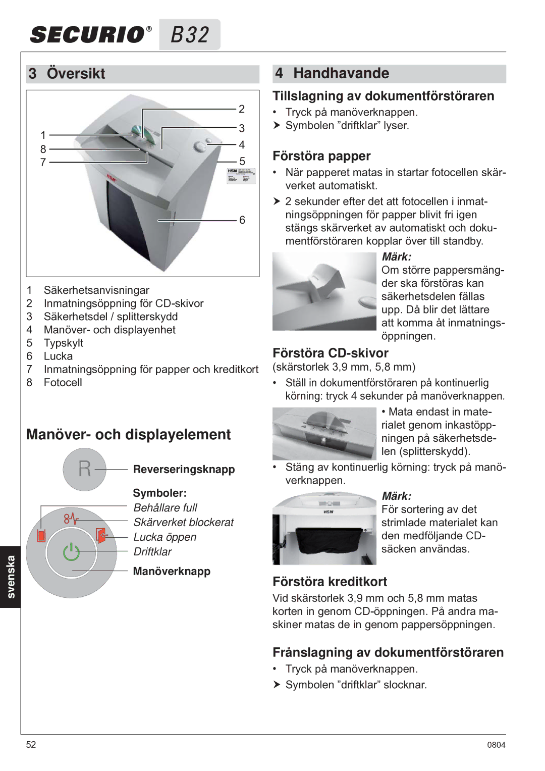 HSM B32 manual Översikt, Manöver- och displayelement, Handhavande 