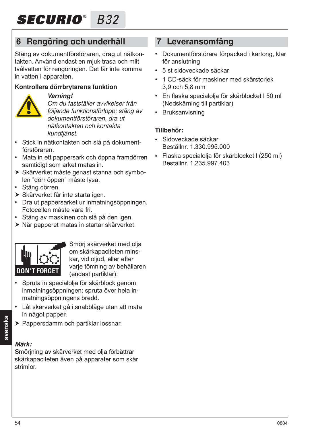 HSM B32 manual Rengöring och underhåll, Leveransomfång, Kontrollera dörrbrytarens funktion, Varning, Tillbehör 