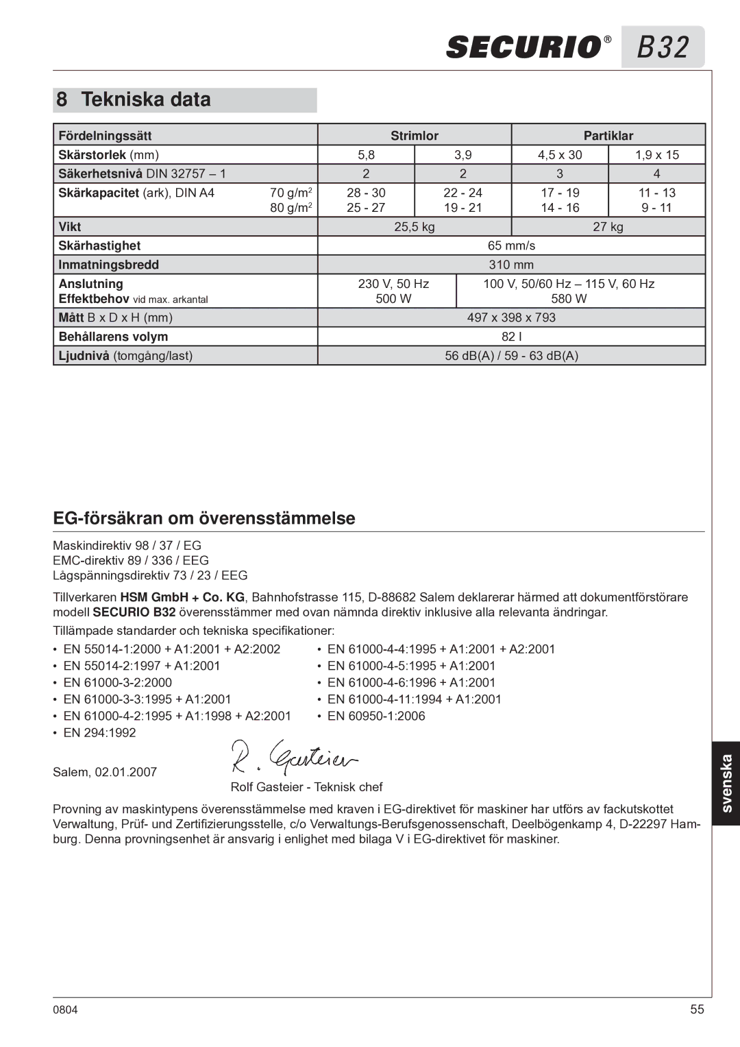 HSM B32 manual Tekniska data, EG-försäkran om överensstämmelse 