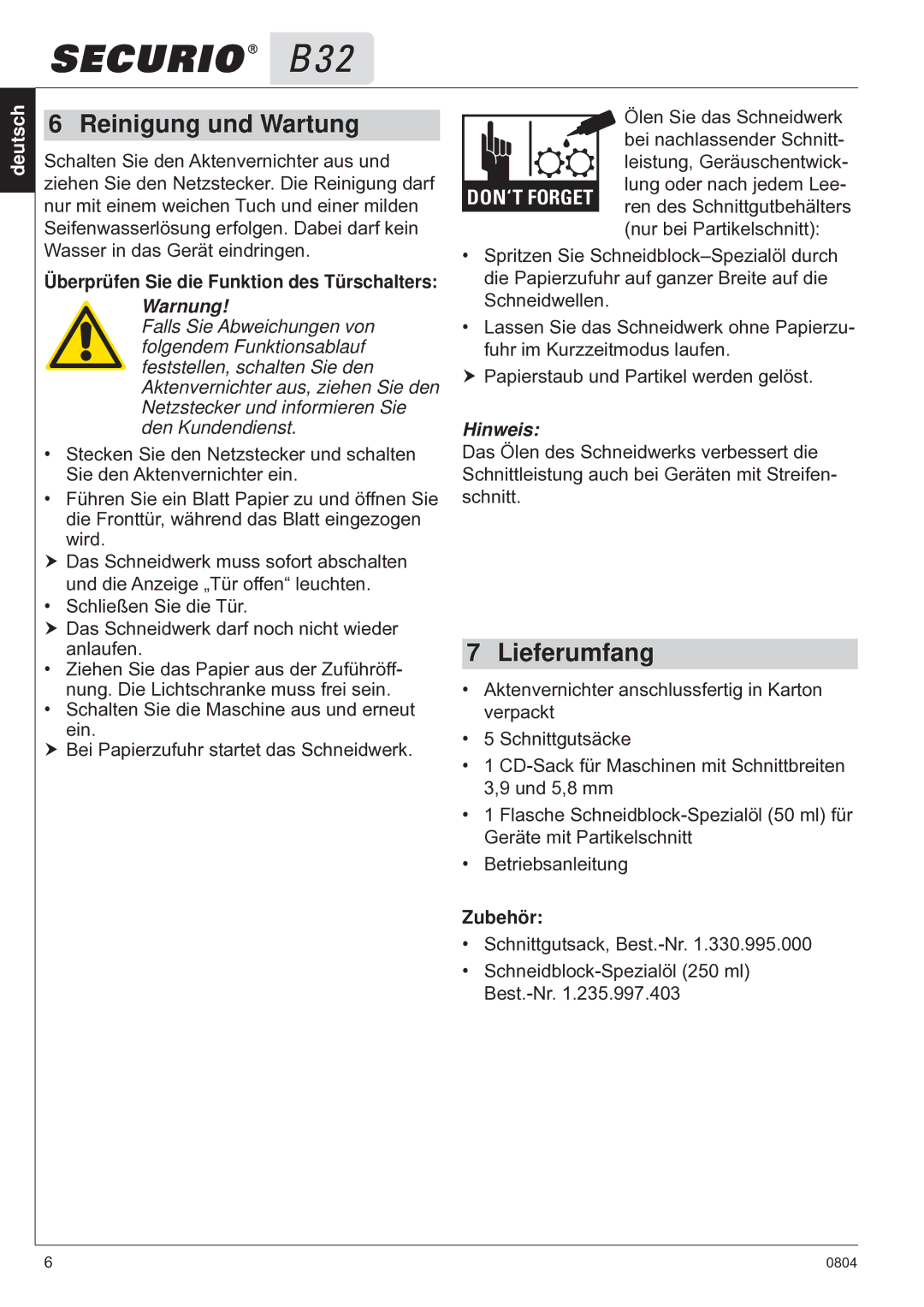 HSM B32 manual Reinigung und Wartung, Lieferumfang, Überprüfen Sie die Funktion des Türschalters, Warnung, Zubehör 