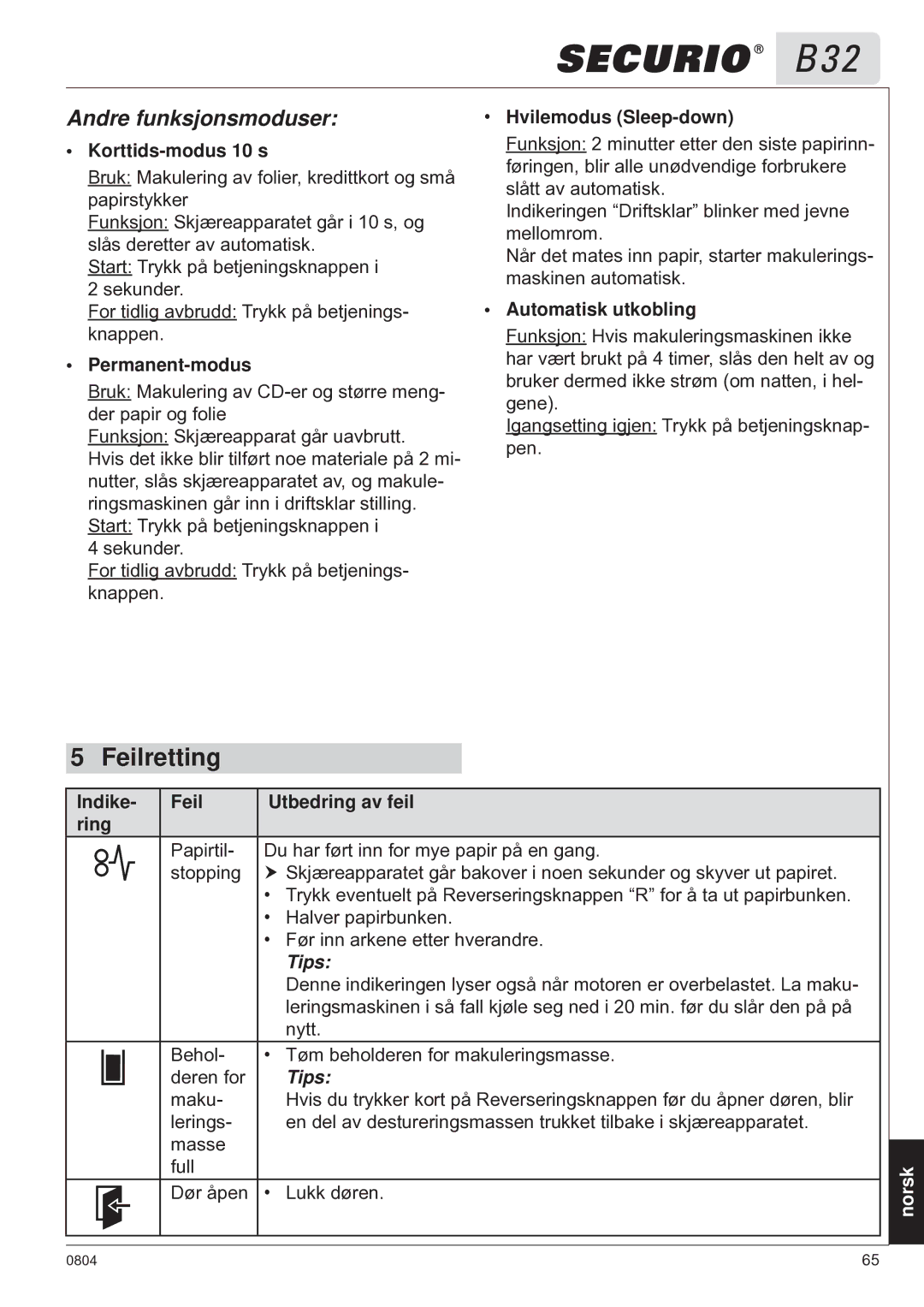 HSM B32 manual Feilretting, Andre funksjonsmoduser, Korttids-modus 10 s, Tips 