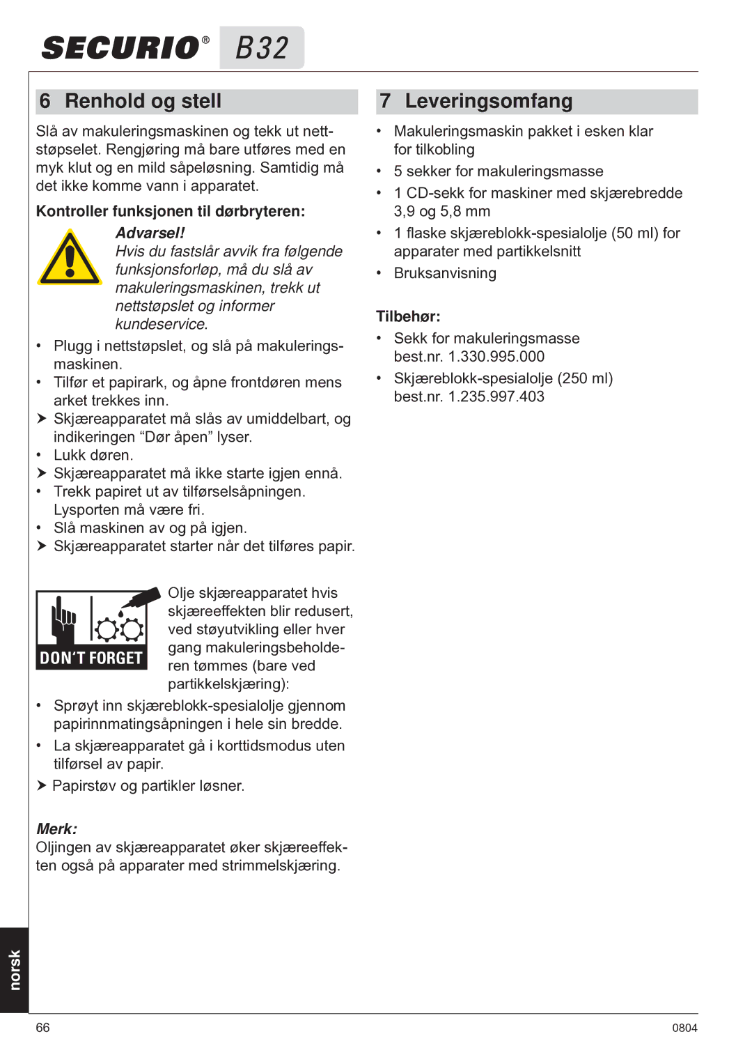 HSM B32 manual Renhold og stell, Leveringsomfang, Kontroller funksjonen til dørbryteren 