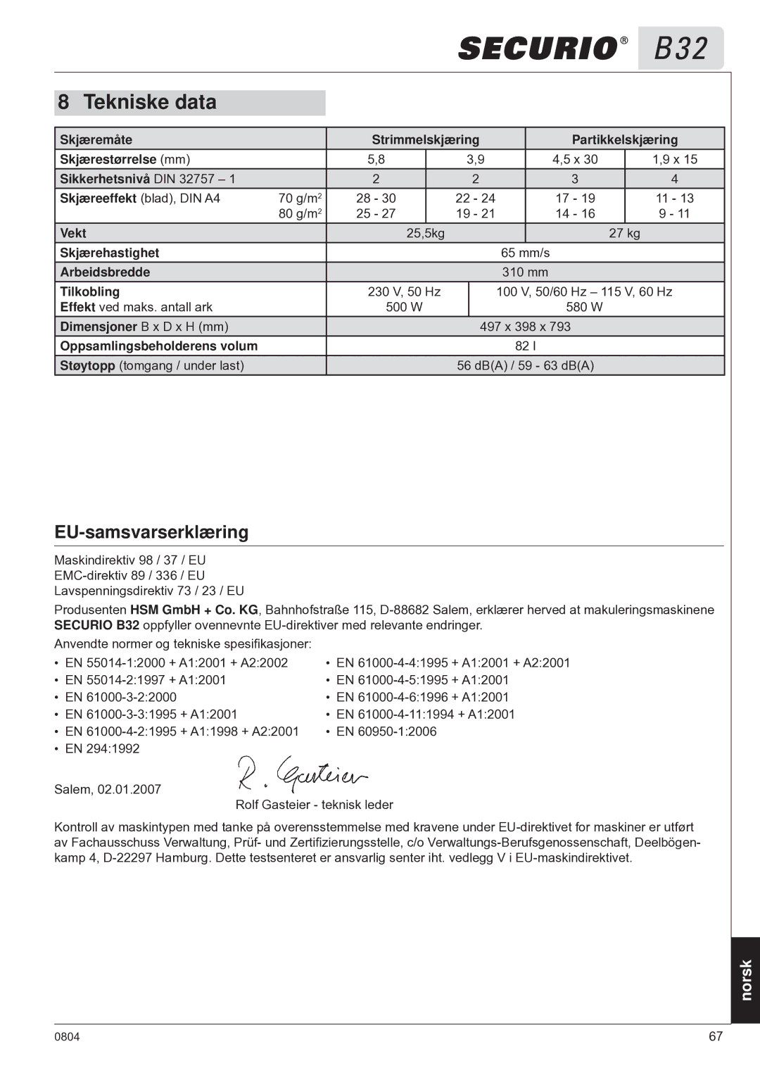 HSM B32 manual EU-samsvarserklæring 