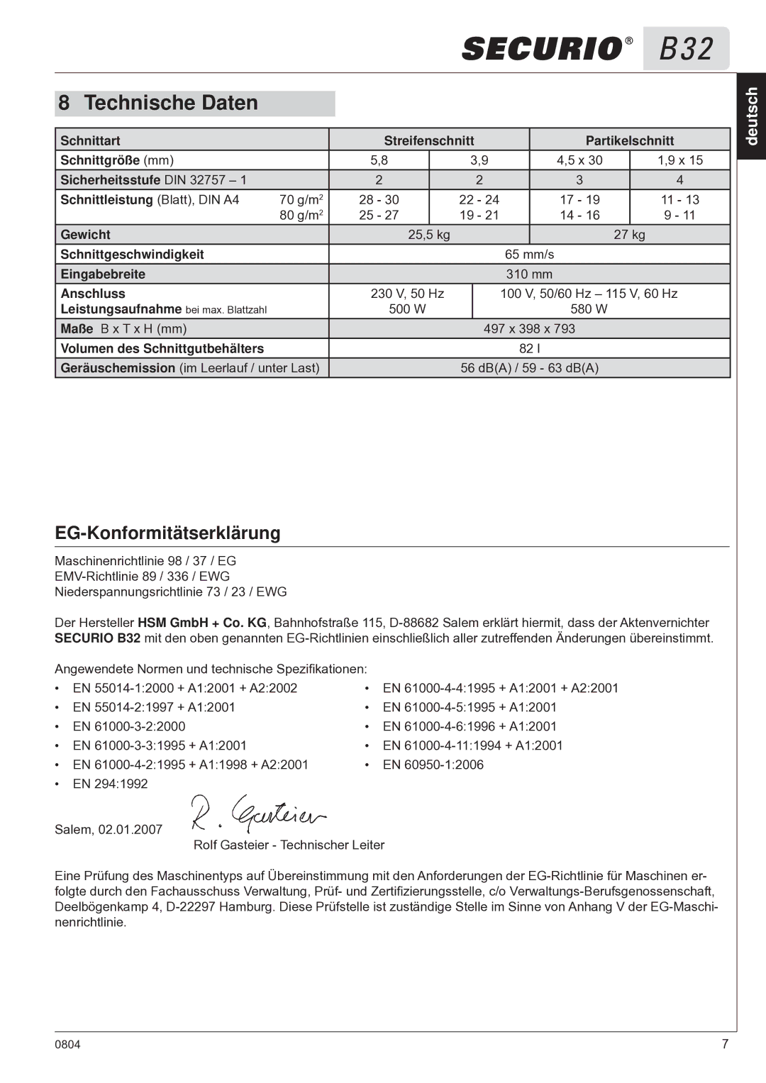 HSM B32 manual Technische Daten, EG-Konformitätserklärung 