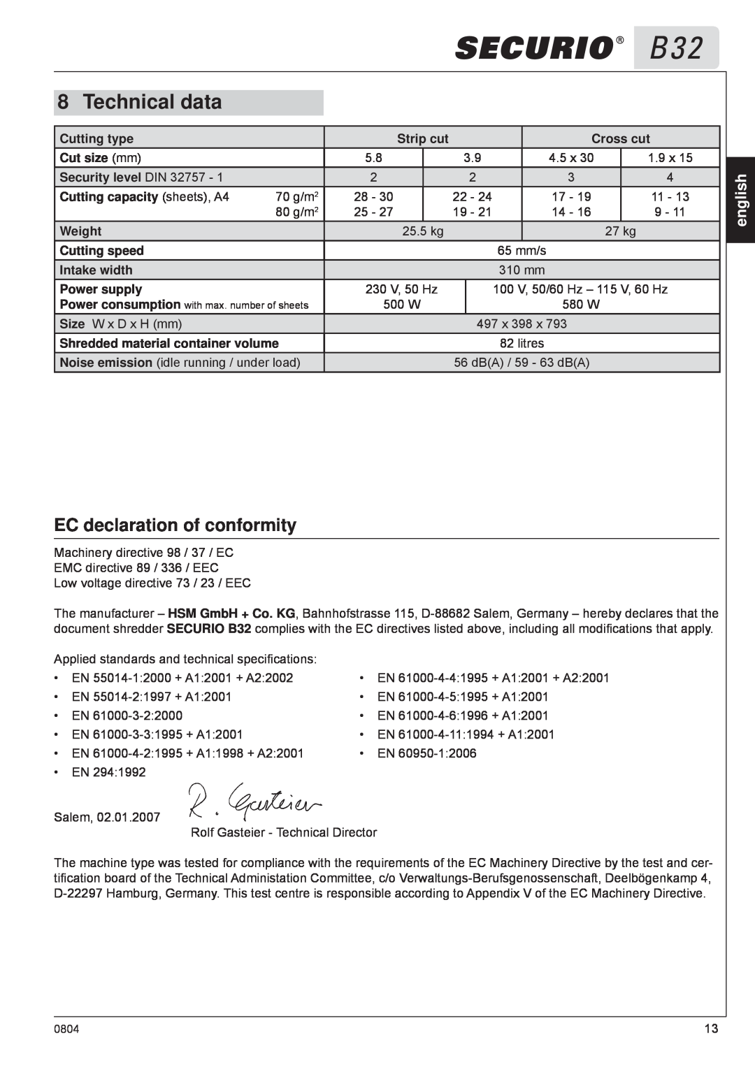 HSM B32 manual Technical data, EC declaration of conformity, english 